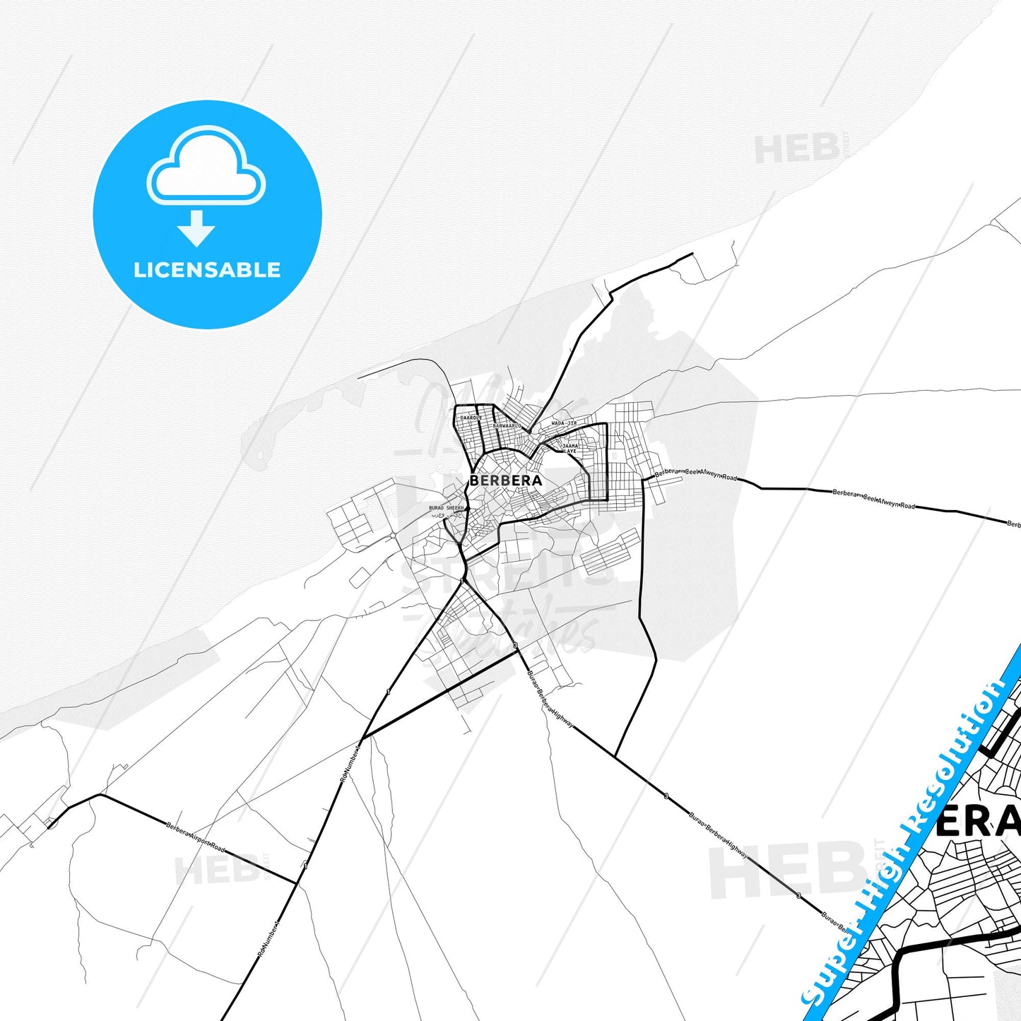 Berbera, Somalia Light Map with Street Names, City Names, and Districts