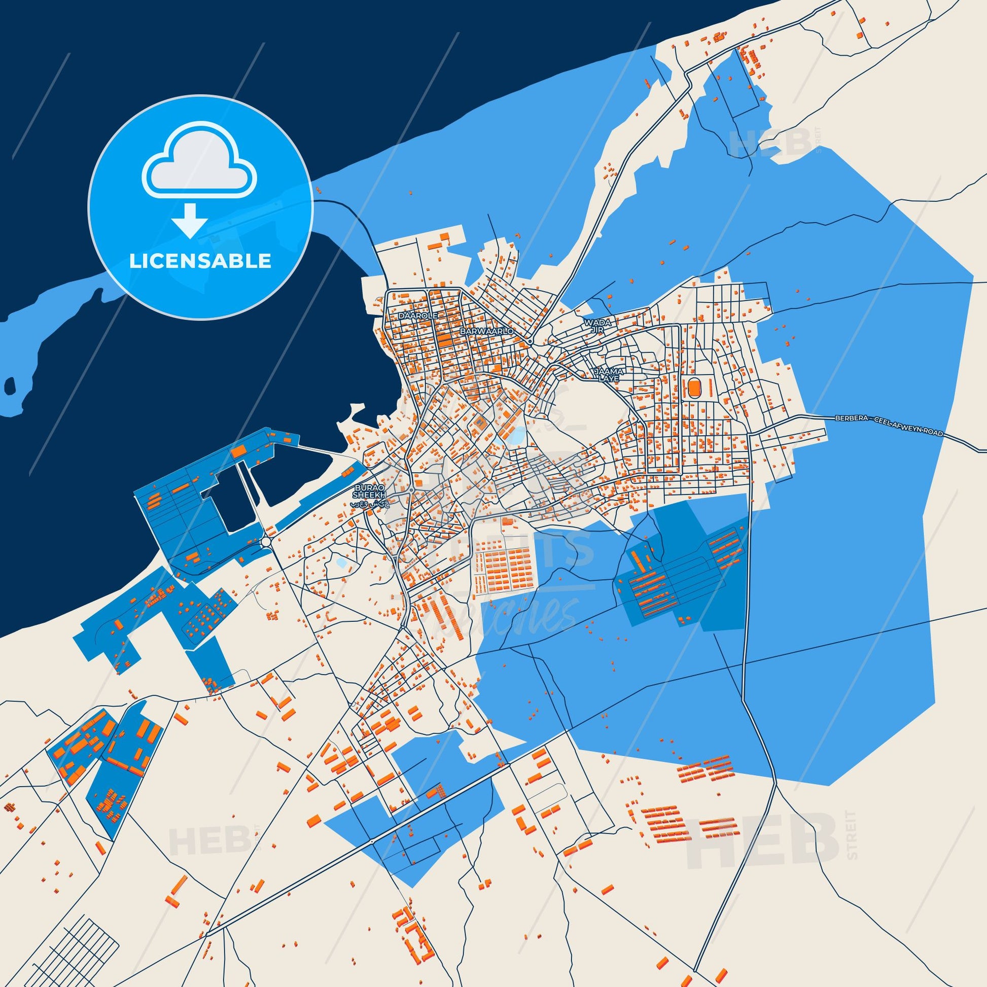 Colorful Berbera Street Map with Labels and Buildings