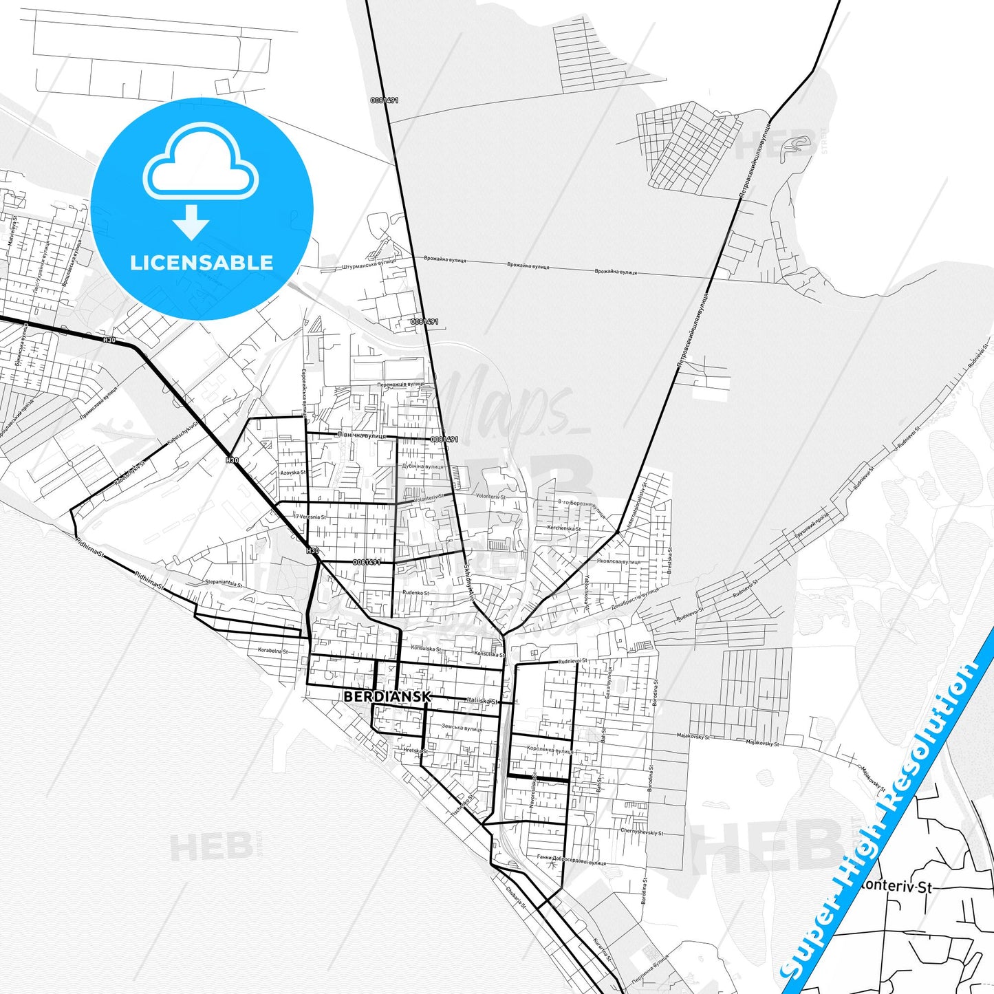 Berdiansk, Ukraine Light Map with Street Names, City Names, and Districts