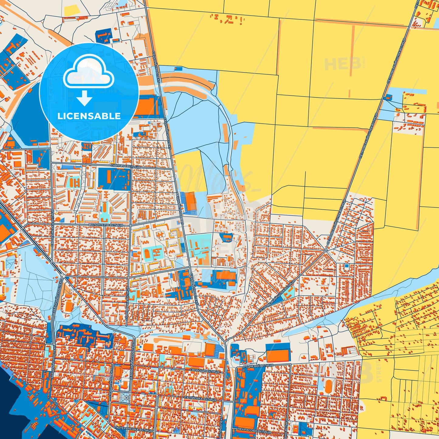 Colorful Berdiansk Street Map with Labels and Buildings