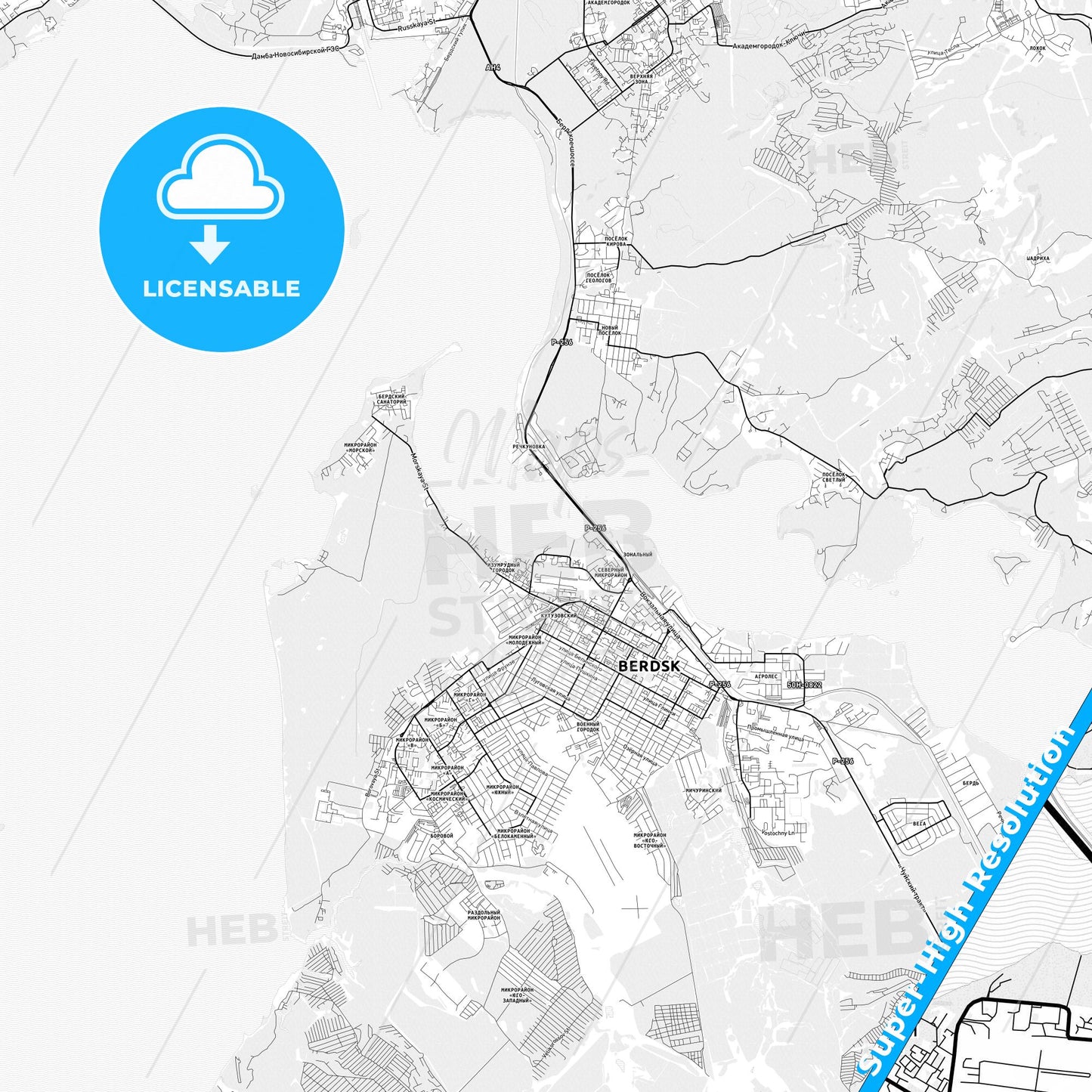 Berdsk, Russia light map with streetnames, citynames and districts