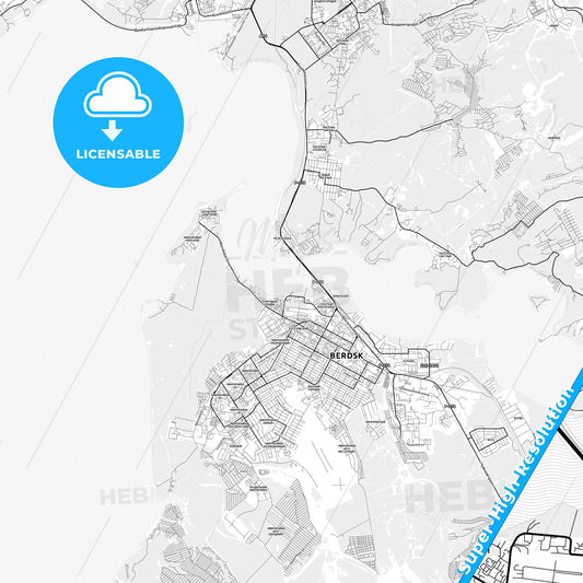 Berdsk, Russia light map with streetnames, citynames and districts