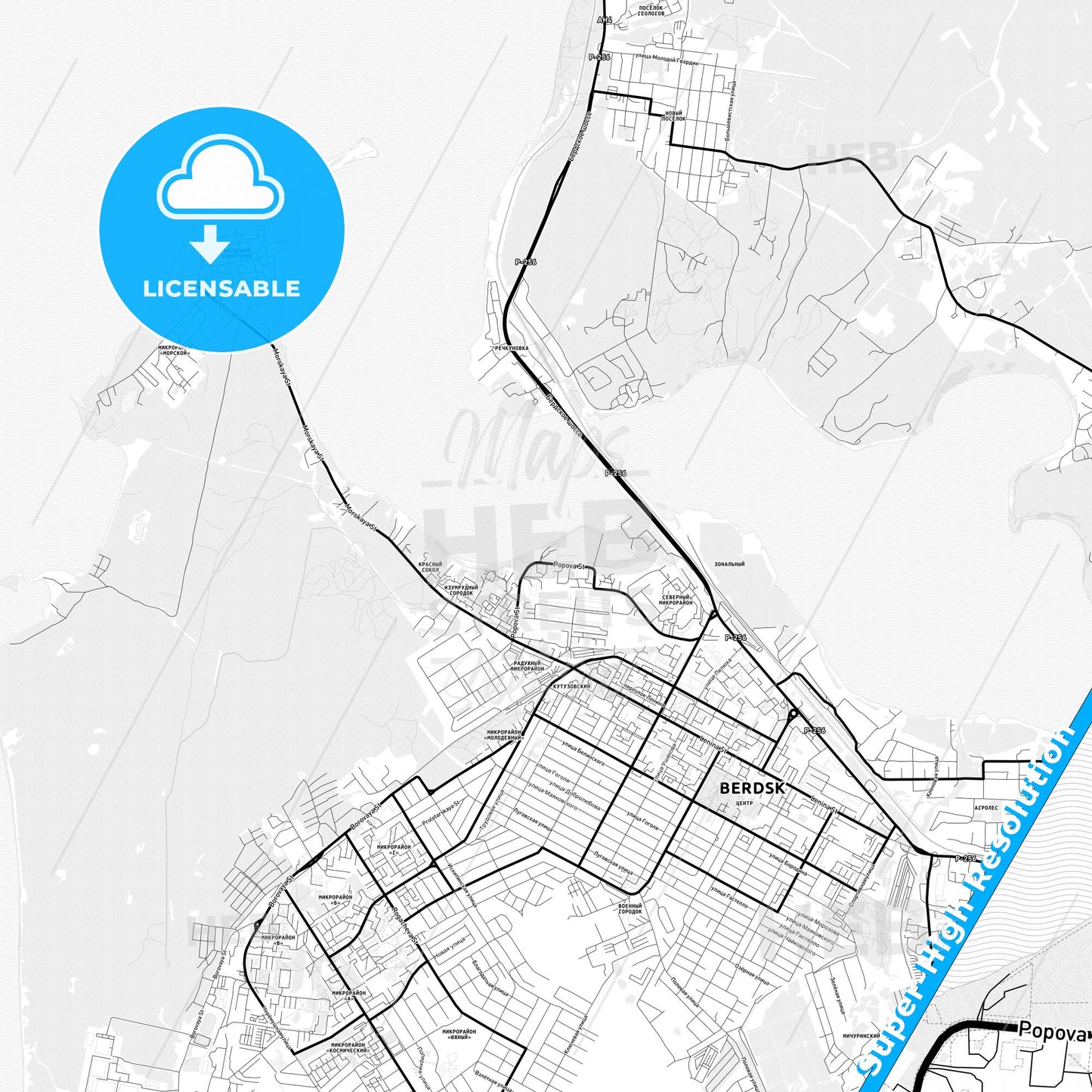 Berdsk, Russia Light Map with Street Names, City Names, and Districts