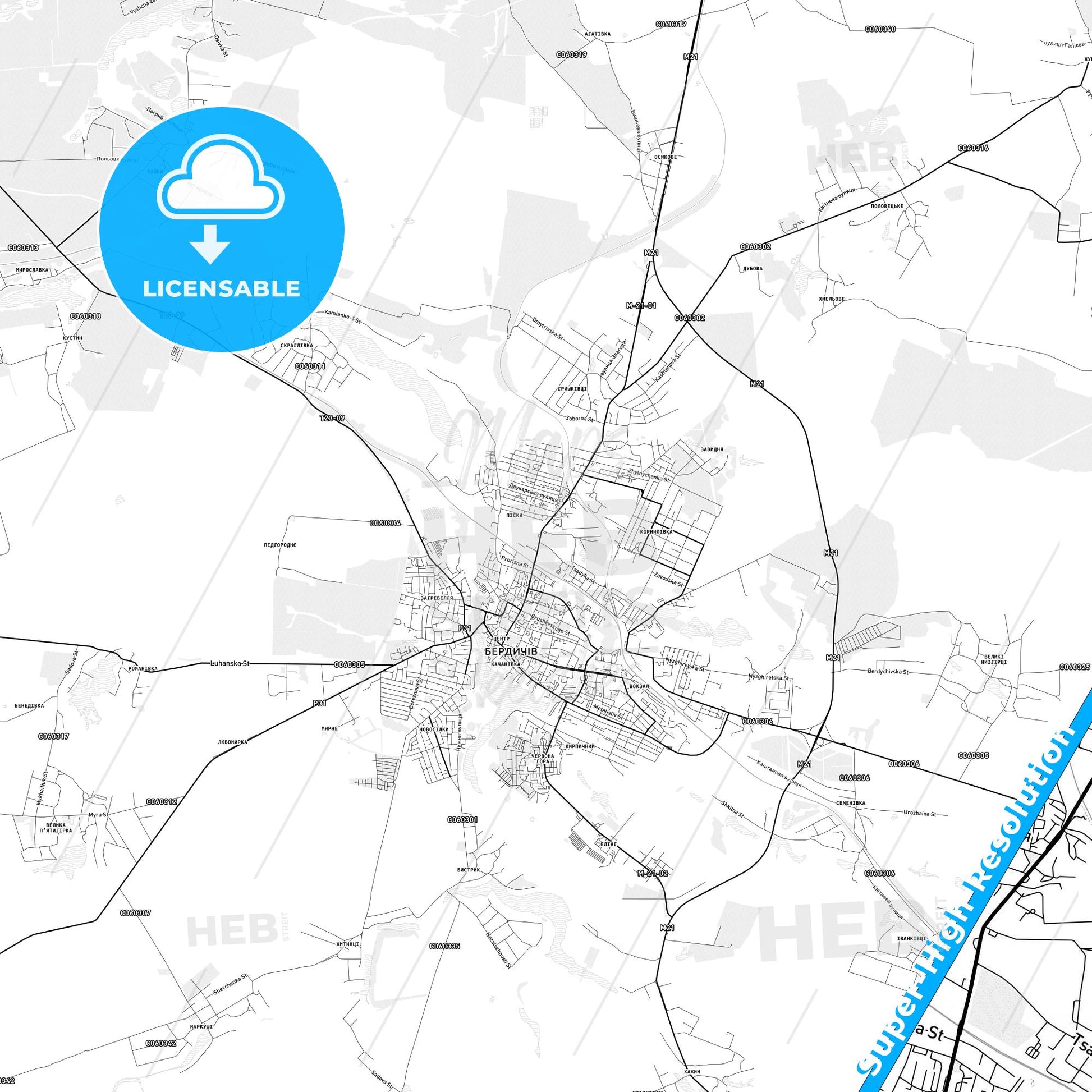 Berdychiv, Ukraine light map with streetnames, citynames and districts