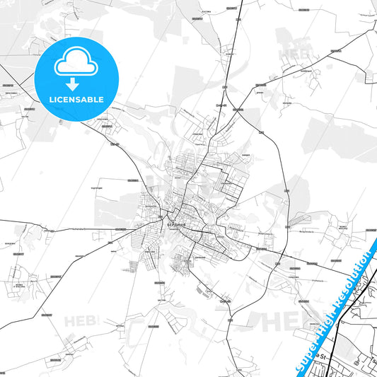 Berdychiv, Ukraine light map with streetnames, citynames and districts