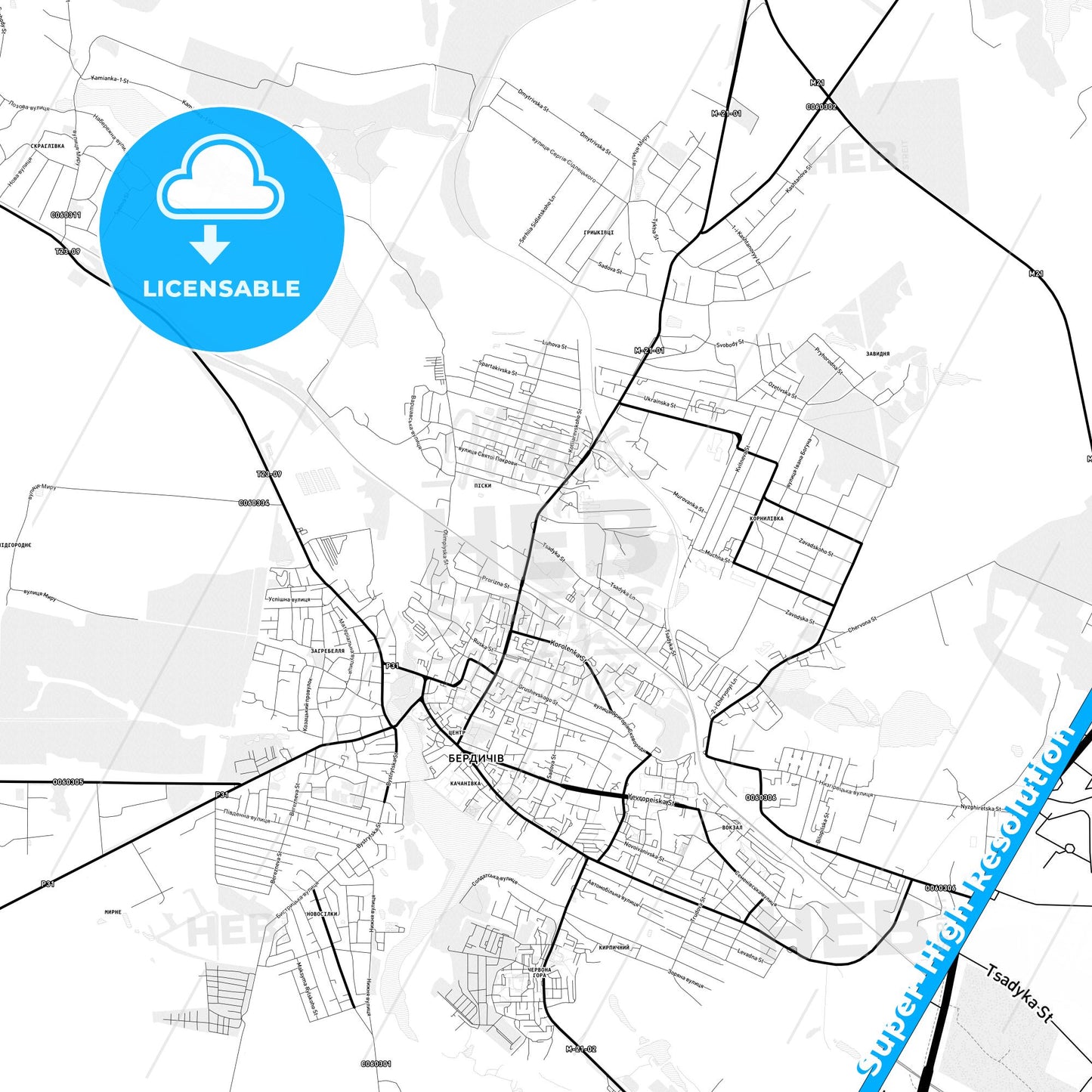 Berdychiv, Ukraine Light Map with Street Names, City Names, and Districts