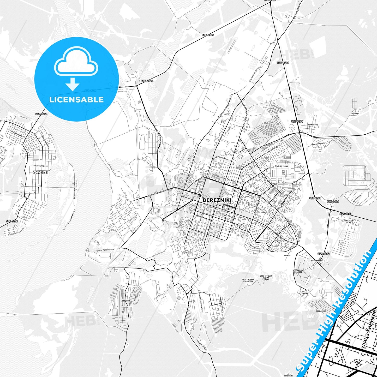 Berezniki, Russia light map with streetnames, citynames and districts