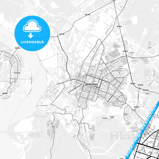 Berezniki, Russia light map with streetnames, citynames and districts