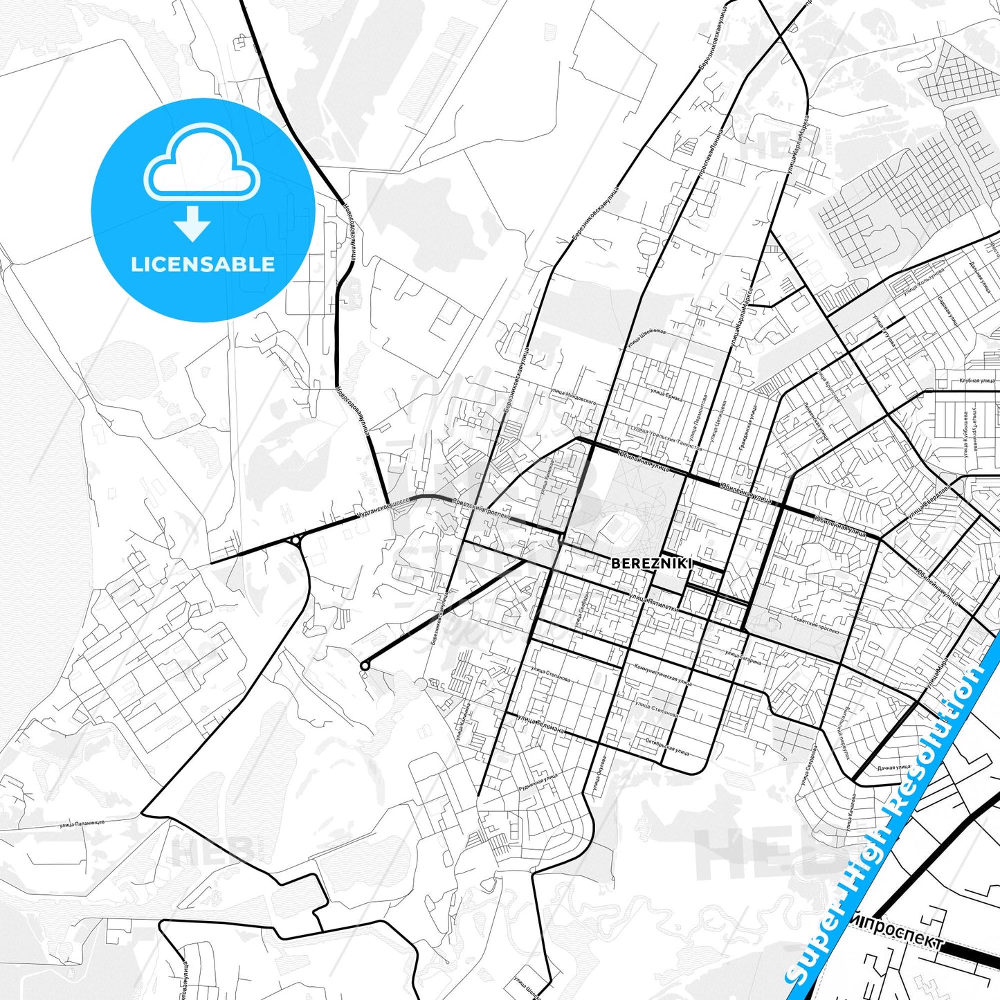 Berezniki, Russia Light Map with Street Names, City Names, and Districts