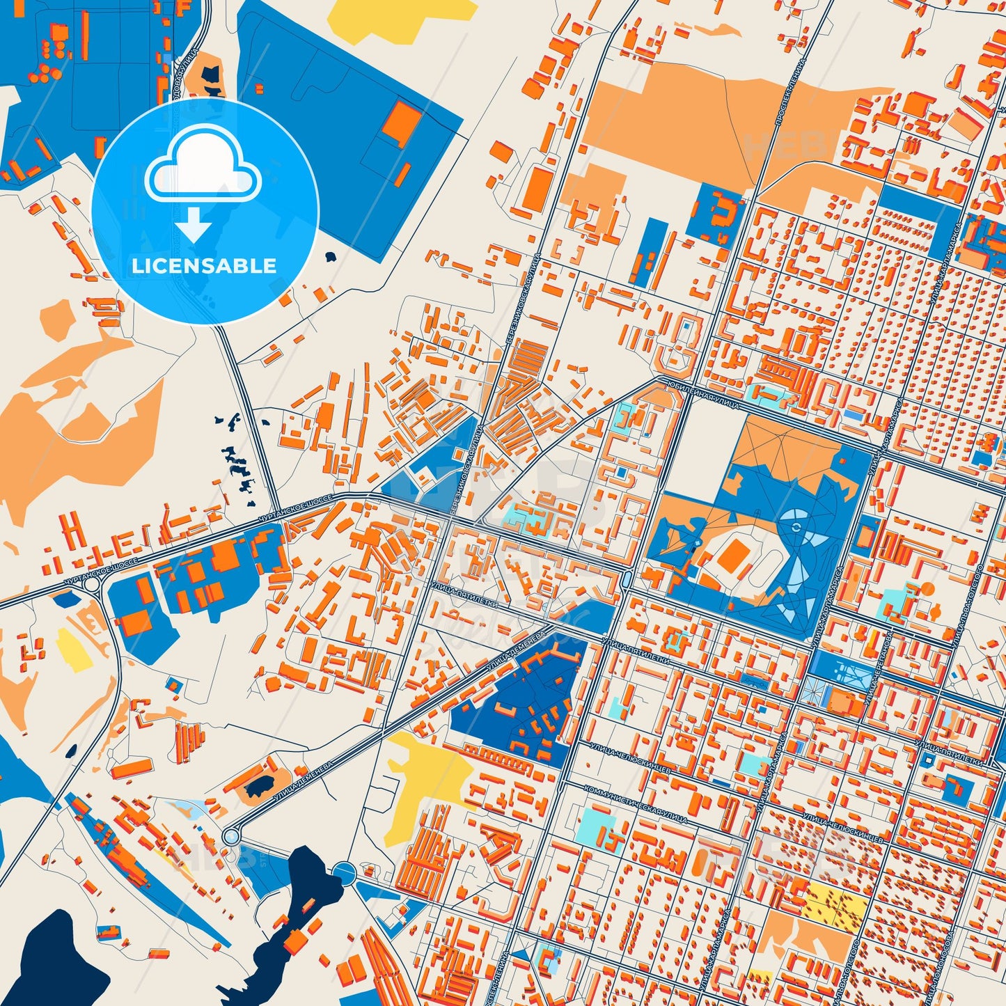 Colorful Berezniki Street Map with Labels and Buildings