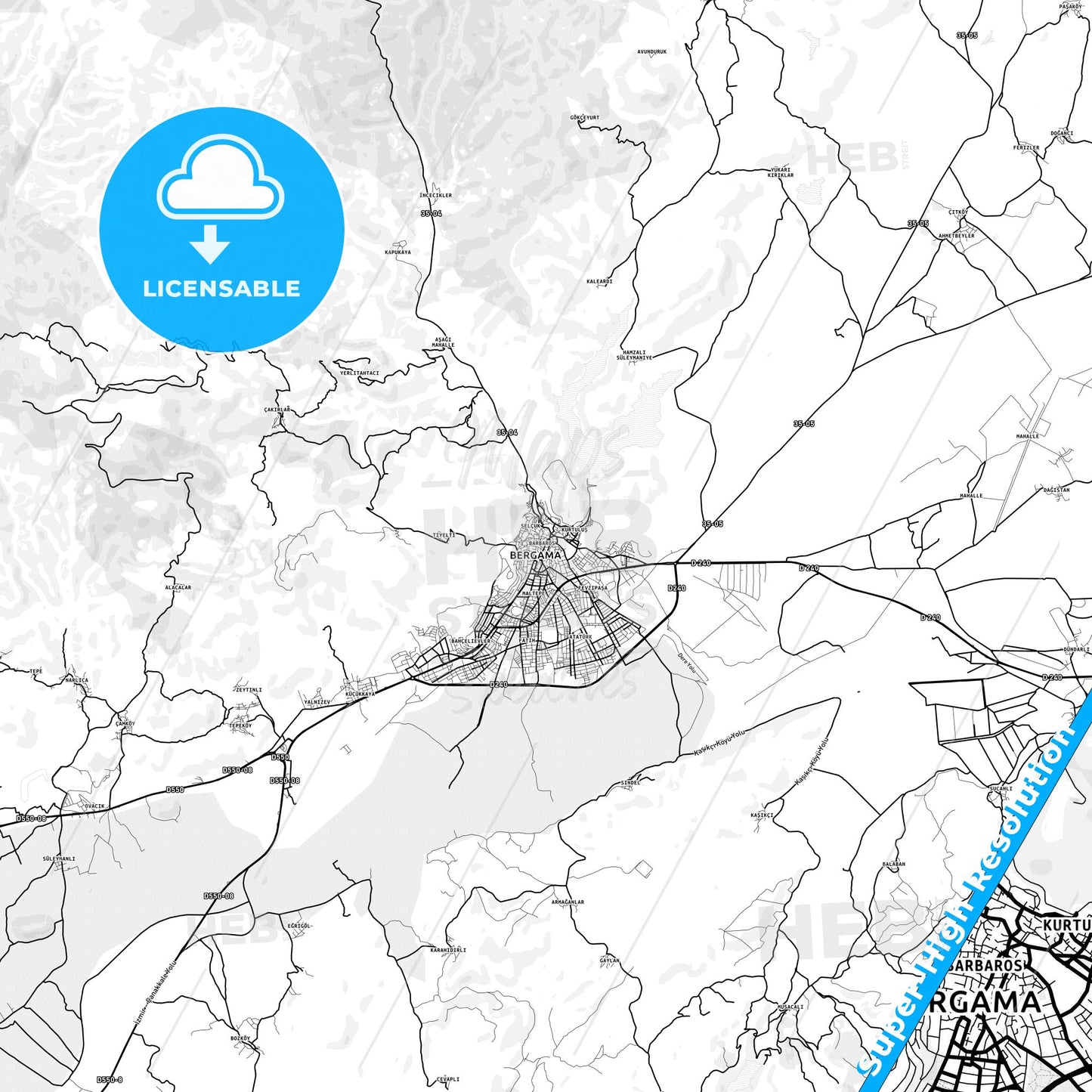 Bergama, Turkey light map with streetnames, citynames and districts