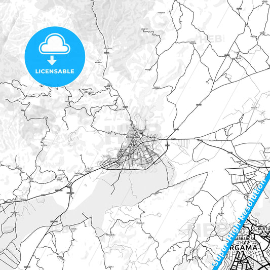 Bergama, Turkey light map with streetnames, citynames and districts