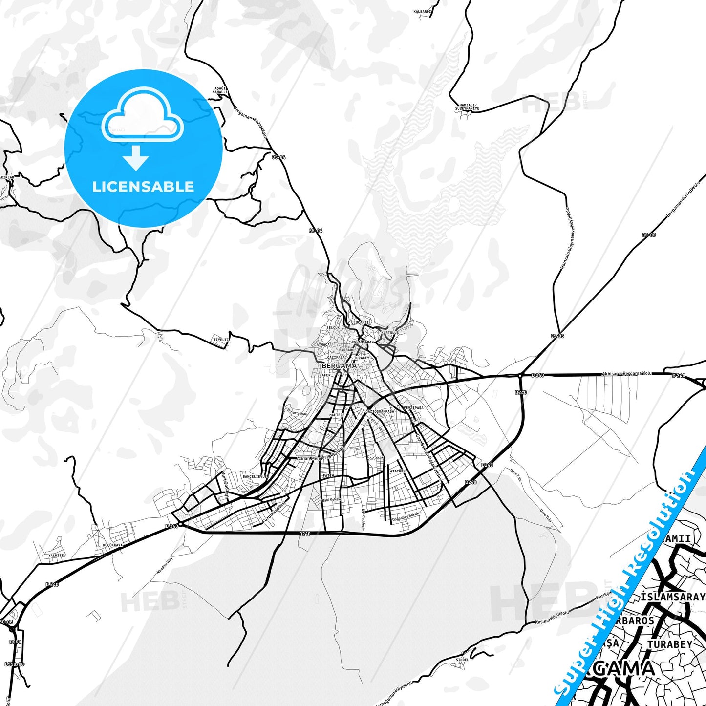 Bergama, Turkey Light Map with Street Names, City Names, and Districts