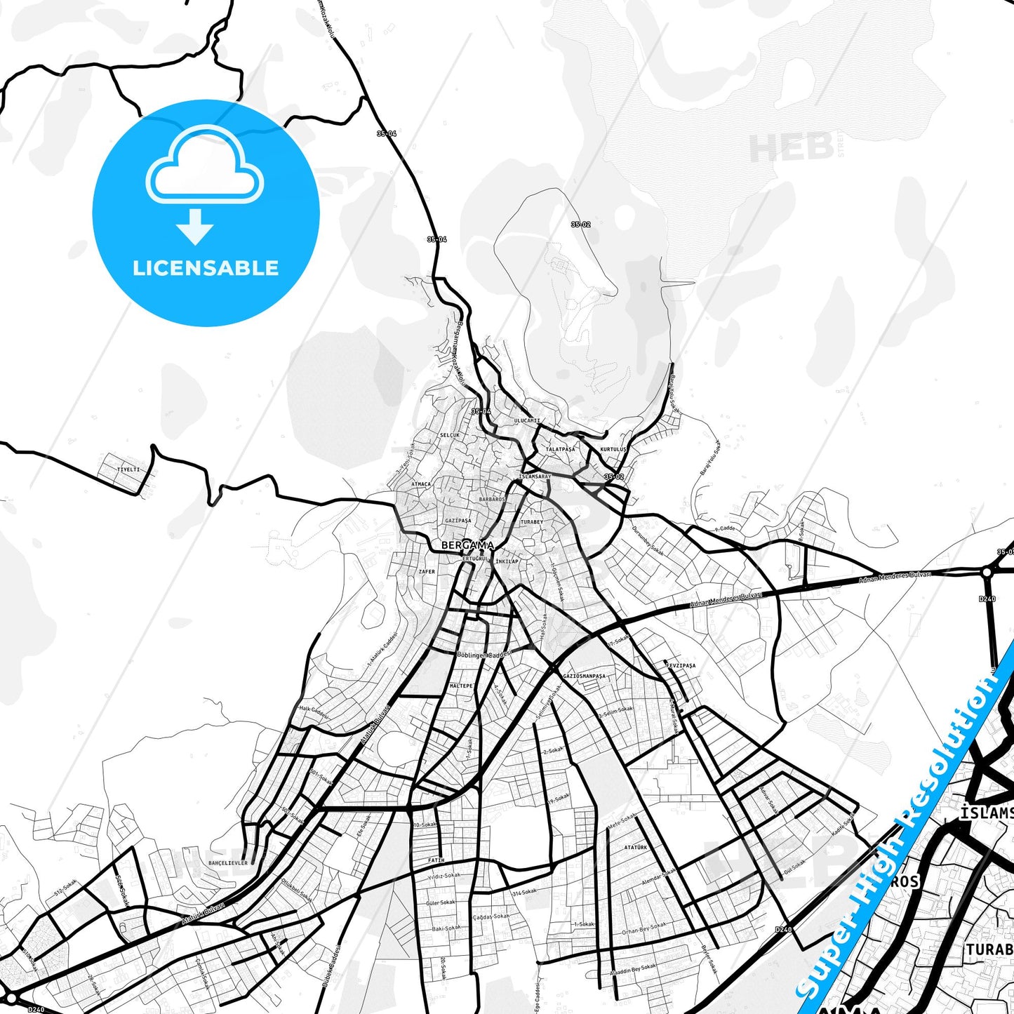 Bergama, Turkey Light Map with Street Names, City Names, and Districts