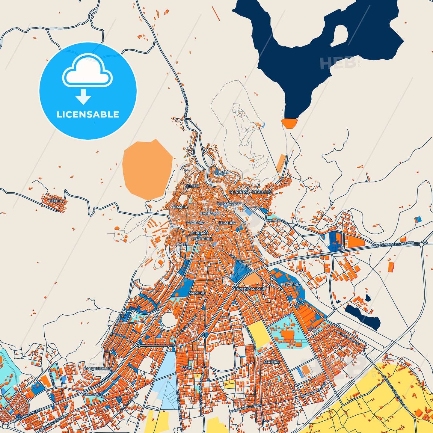 Colorful Bergama Street Map with Labels and Buildings