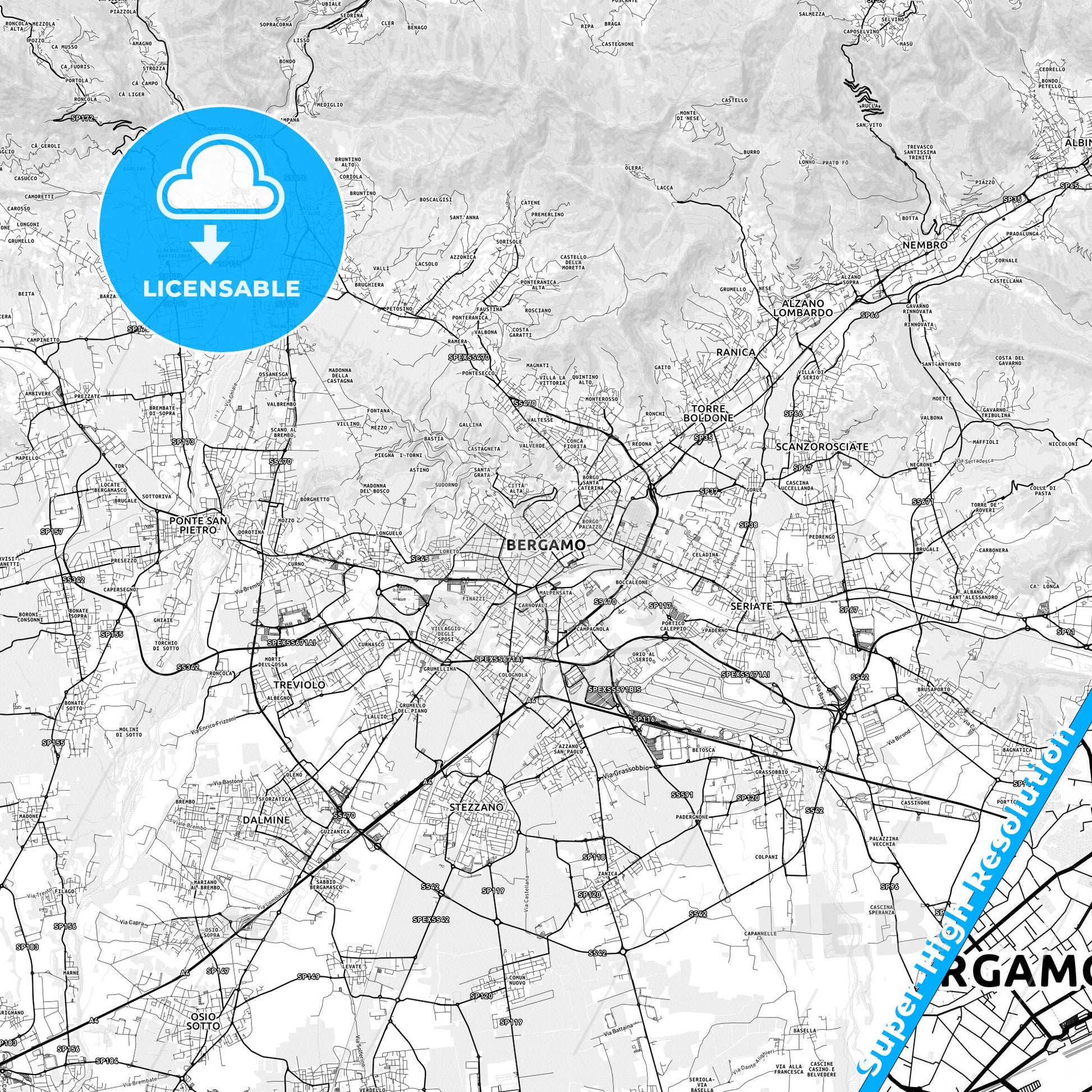Bergamo, Italy light map with streetnames, citynames and districts