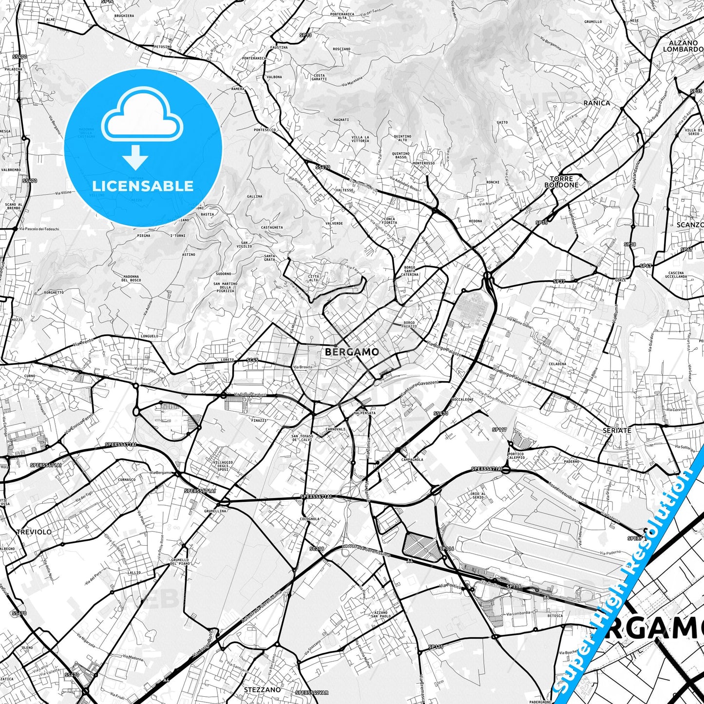 Bergamo, Italy Light Map with Street Names, City Names, and Districts