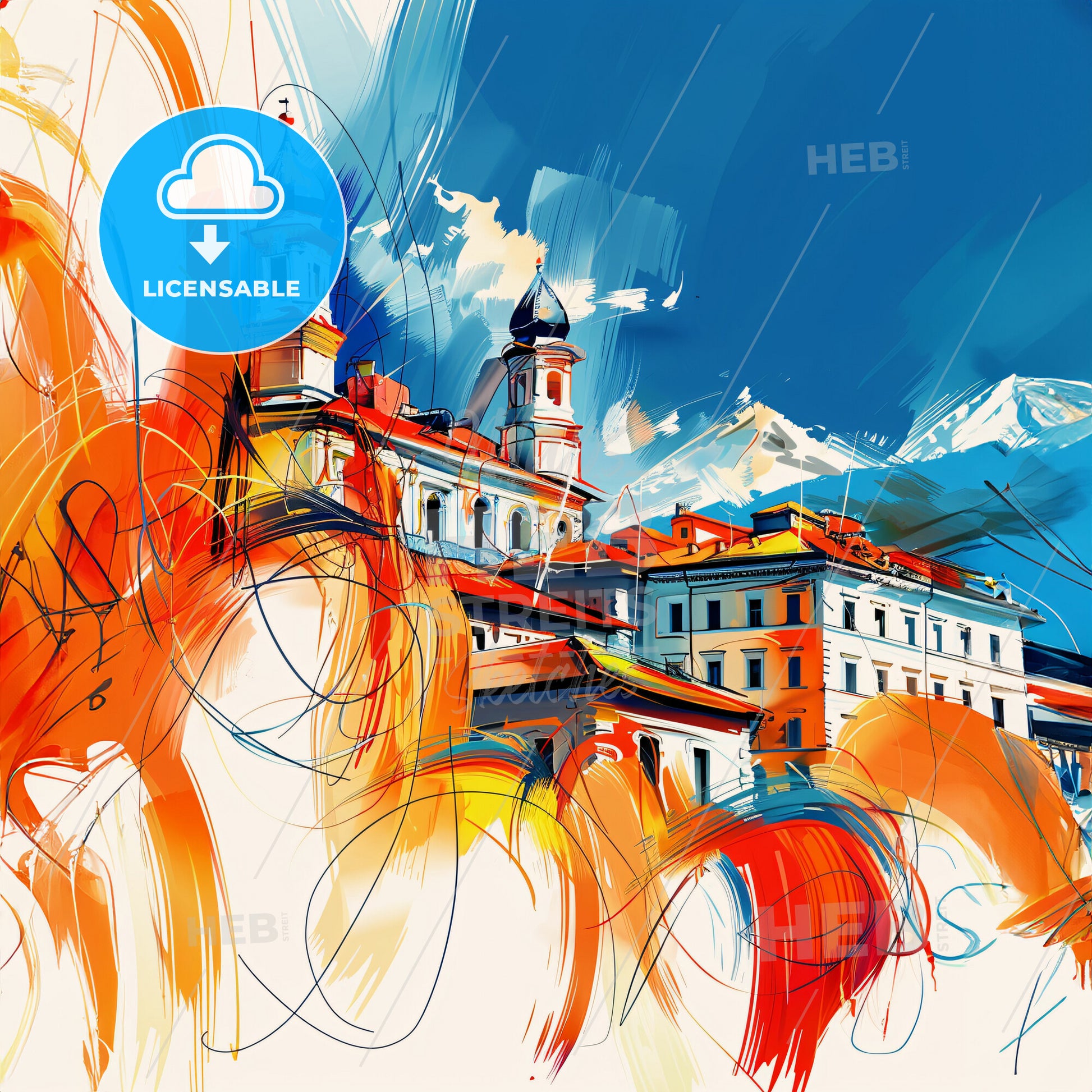 Vibrant Bergamo, Italy - A Painting Of A Building With Orange And Blue Colors