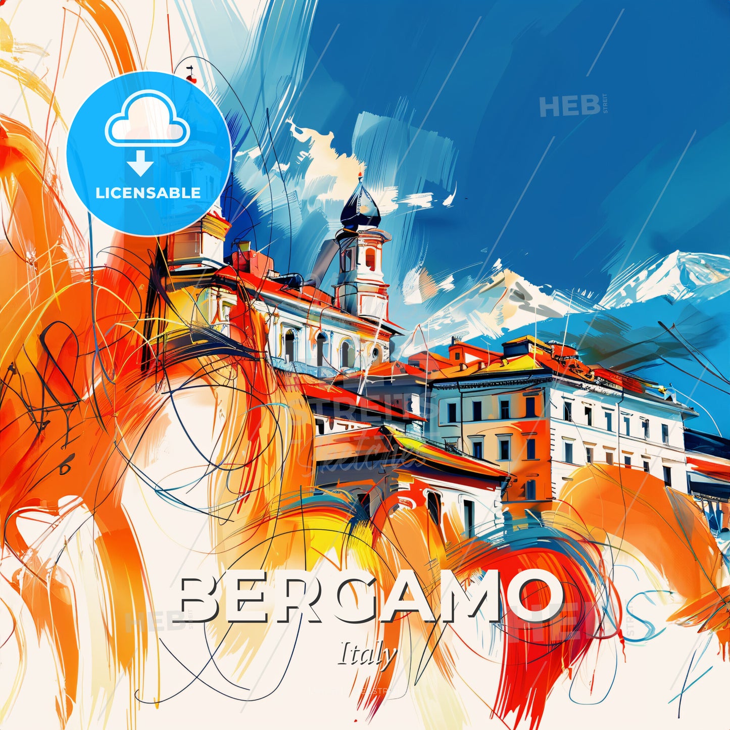 Vibrant Bergamo, Italy - A Painting Of A Building With Orange And Blue Colors - Square format print template