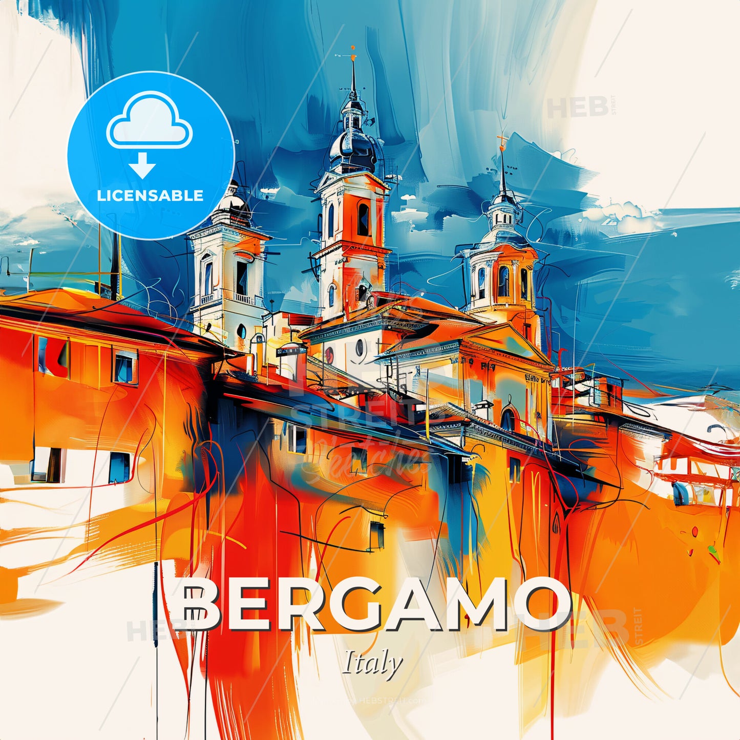Vibrant Bergamo, Italy - A Painting Of A Building With Towers - Square format print template