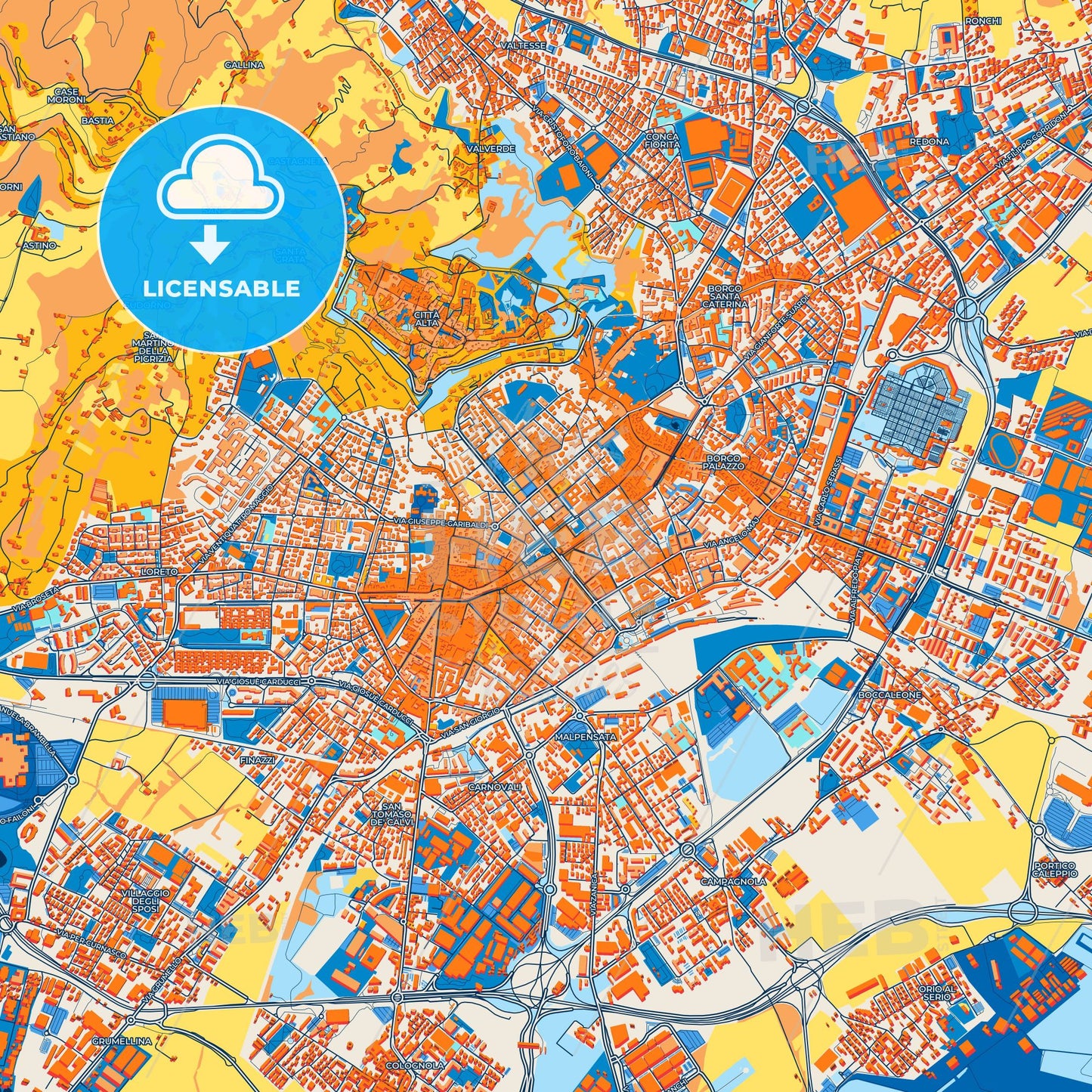 Colorful Bergamo Street Map with Labels and Buildings
