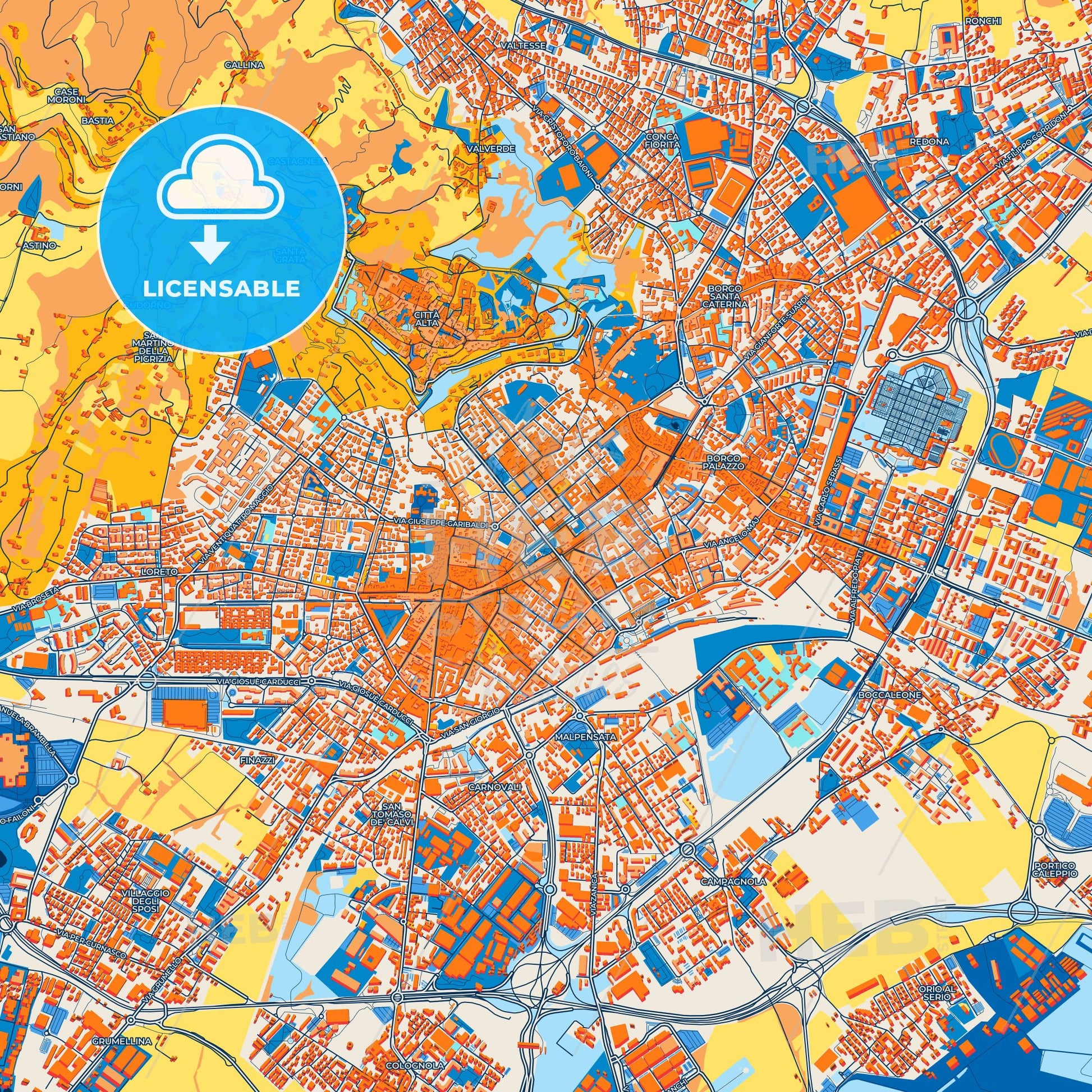 Colorful Bergamo Street Map with Labels and Buildings