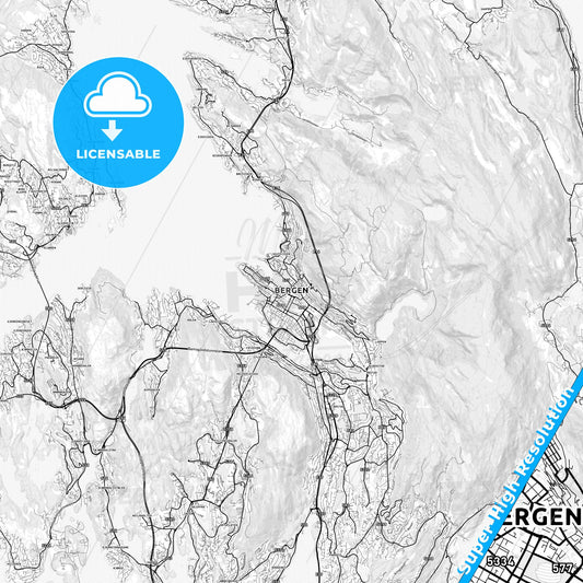 Bergen, Norway light map with streetnames, citynames and districts