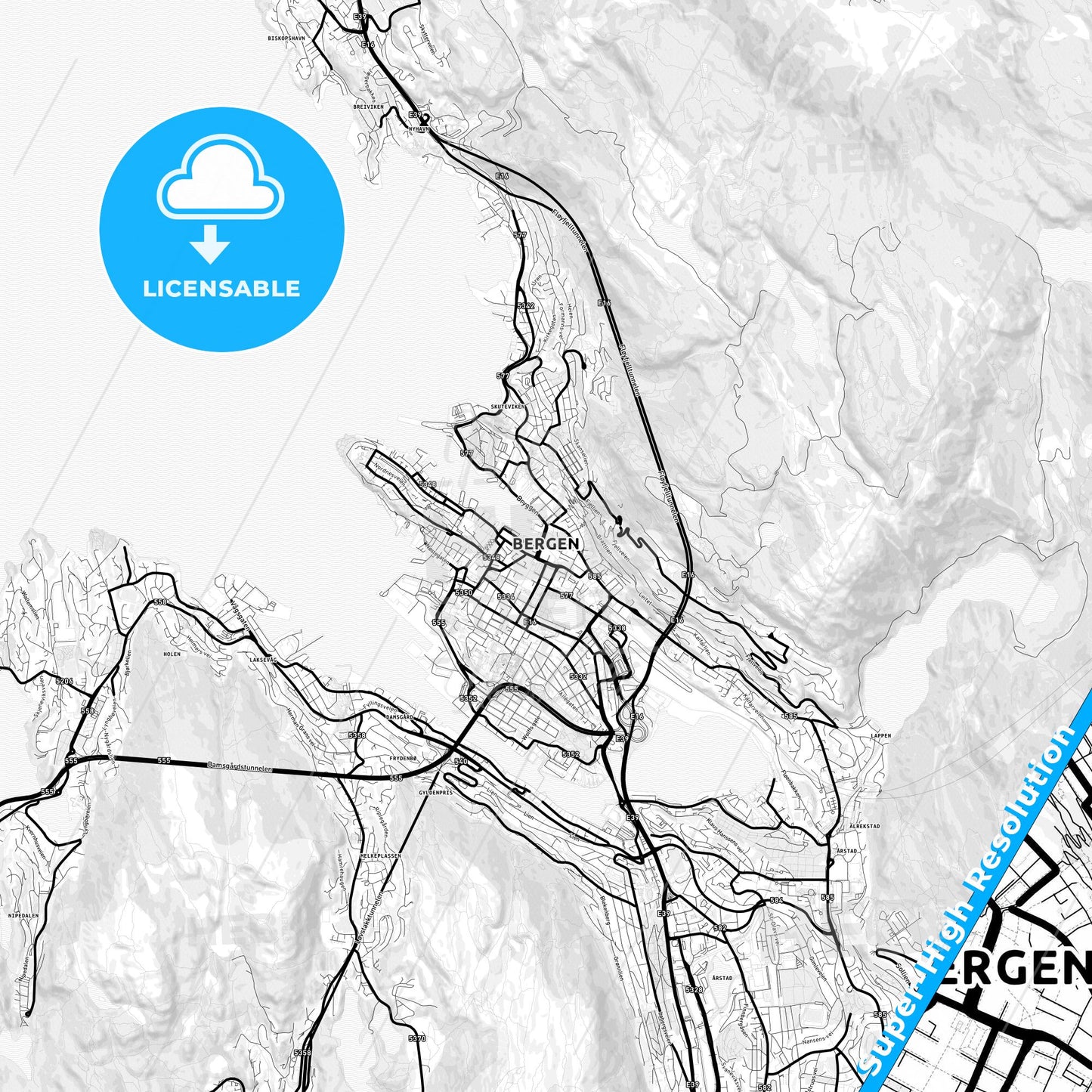 Bergen, Norway Light Map with Street Names, City Names, and Districts