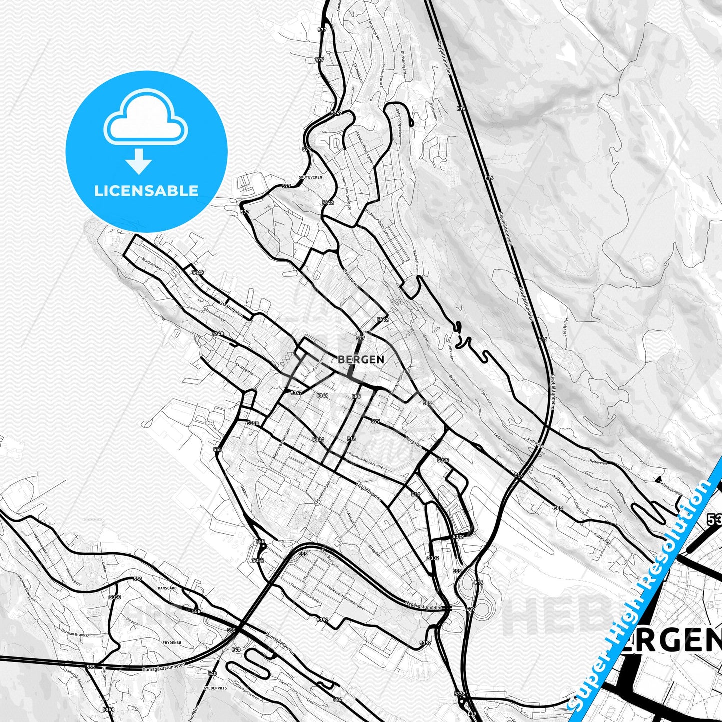 Bergen, Norway Light Map with Street Names, City Names, and Districts