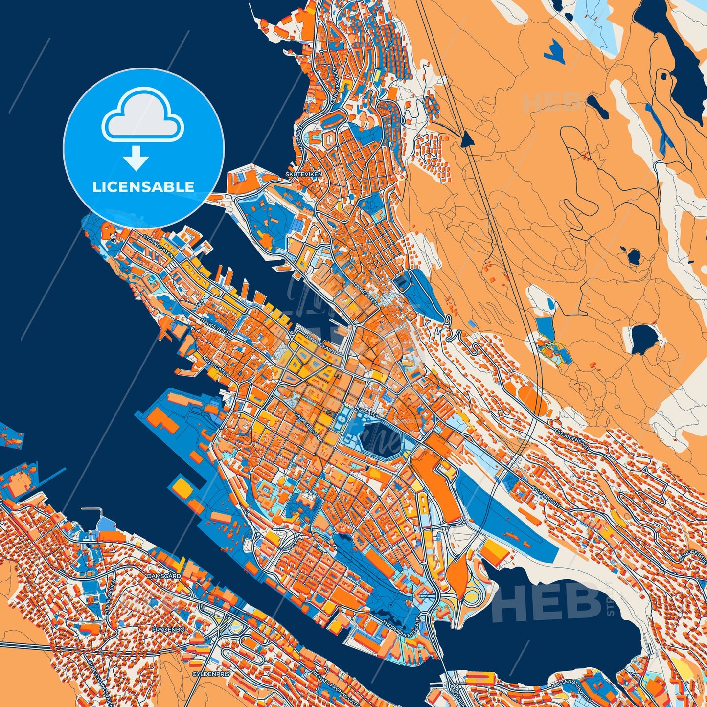 Colorful Bergen Street Map with Labels and Buildings