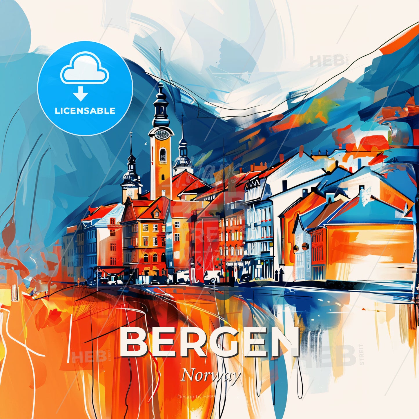 Vibrant Bergen, Norway - A Painting Of A Town With A Tower And Mountains - Square format print template