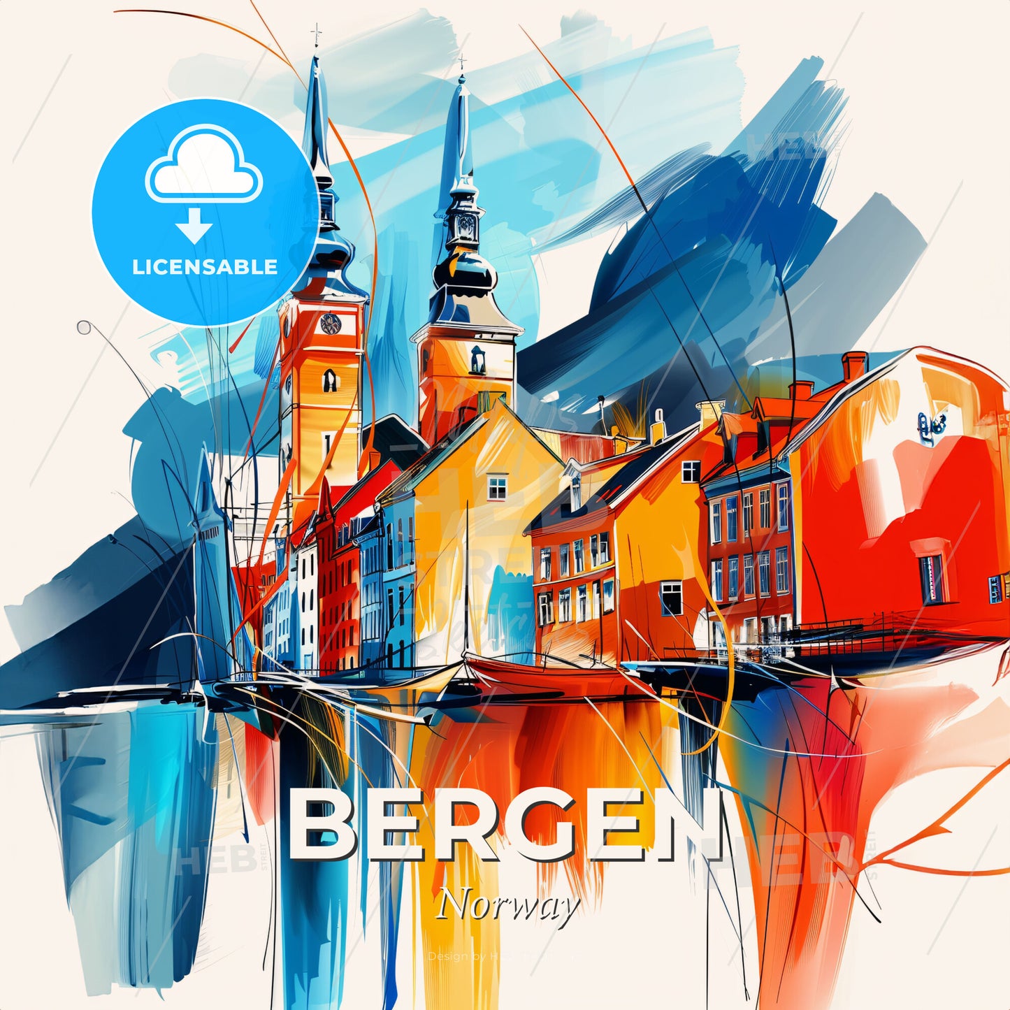 Vibrant Bergen, Norway - A Painting Of A City - Square format print template