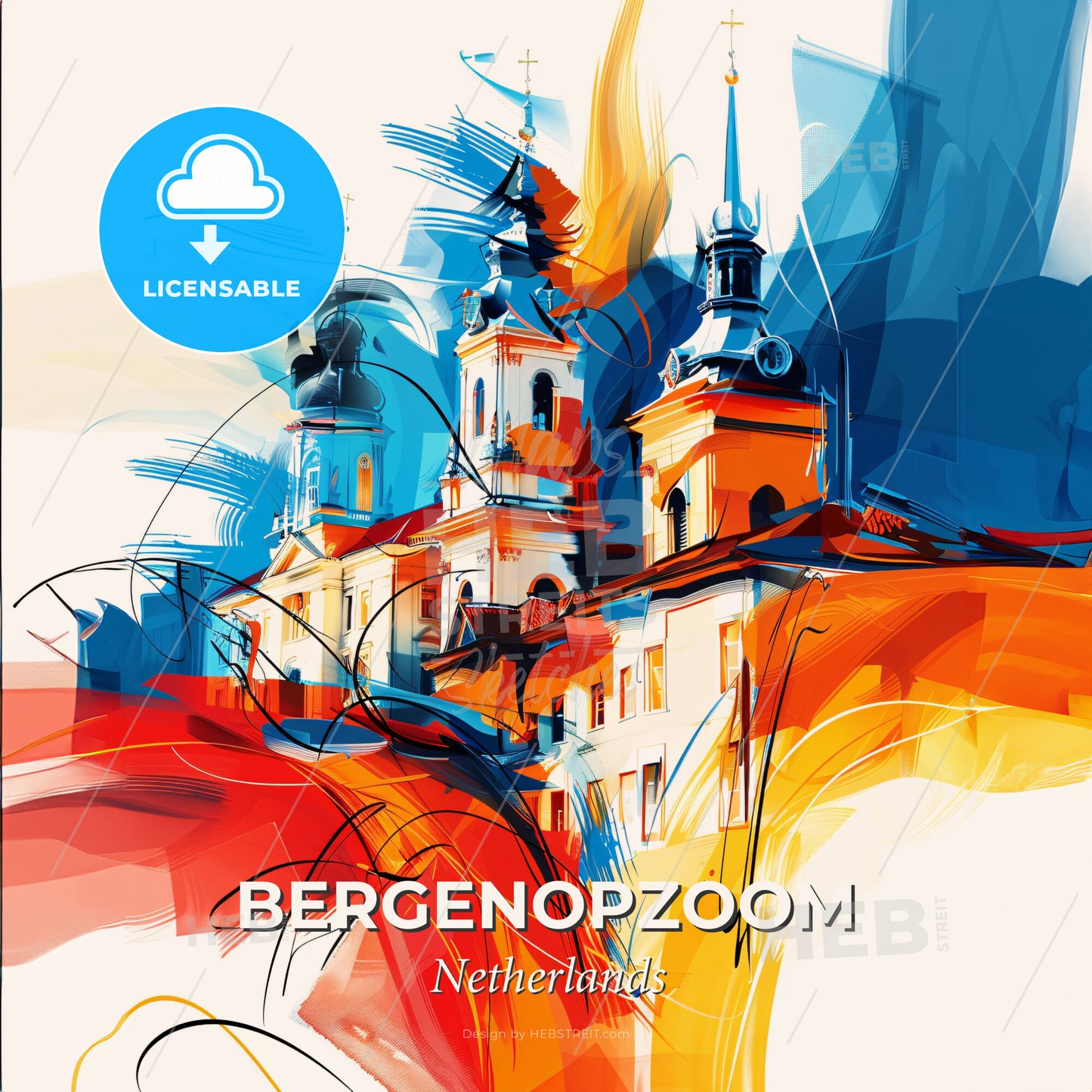 Vibrant Bergenopzoom, Netherlands - A Painting Of A Building With Towers And Spires - Square format print template