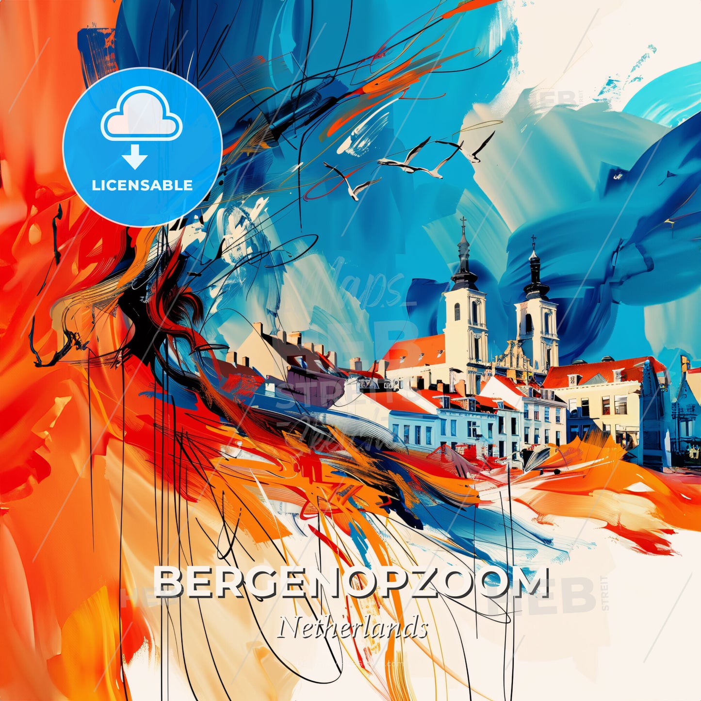 Vibrant Bergenopzoom, Netherlands - A Painting Of A City With Buildings And A Church - Square format print template