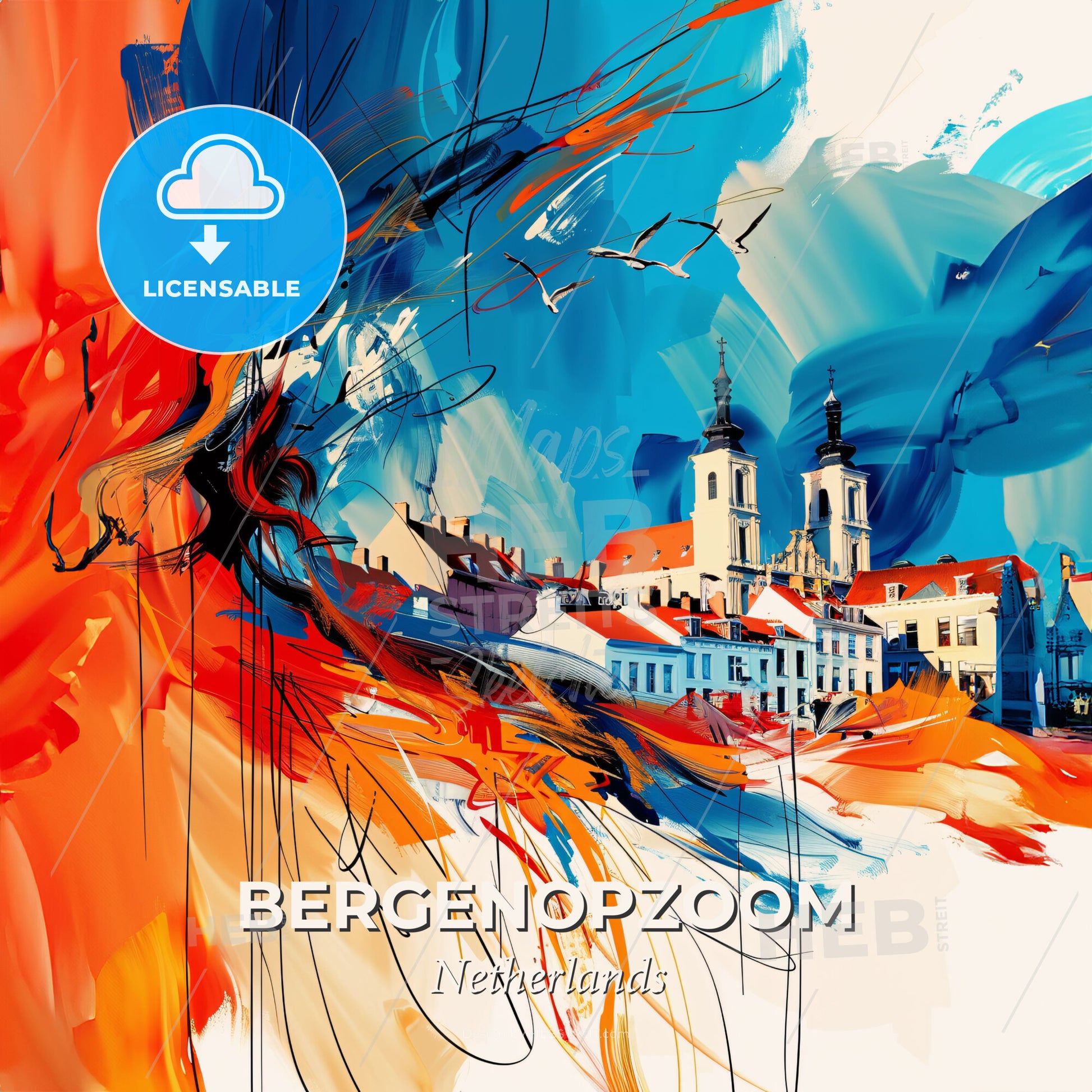 Vibrant Bergenopzoom, Netherlands - A Painting Of A City With Buildings And A Church - Square format print template