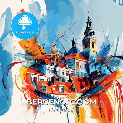 Vibrant Bergenopzoom, Netherlands - A Painting Of A Building With A Tower - Square format print template