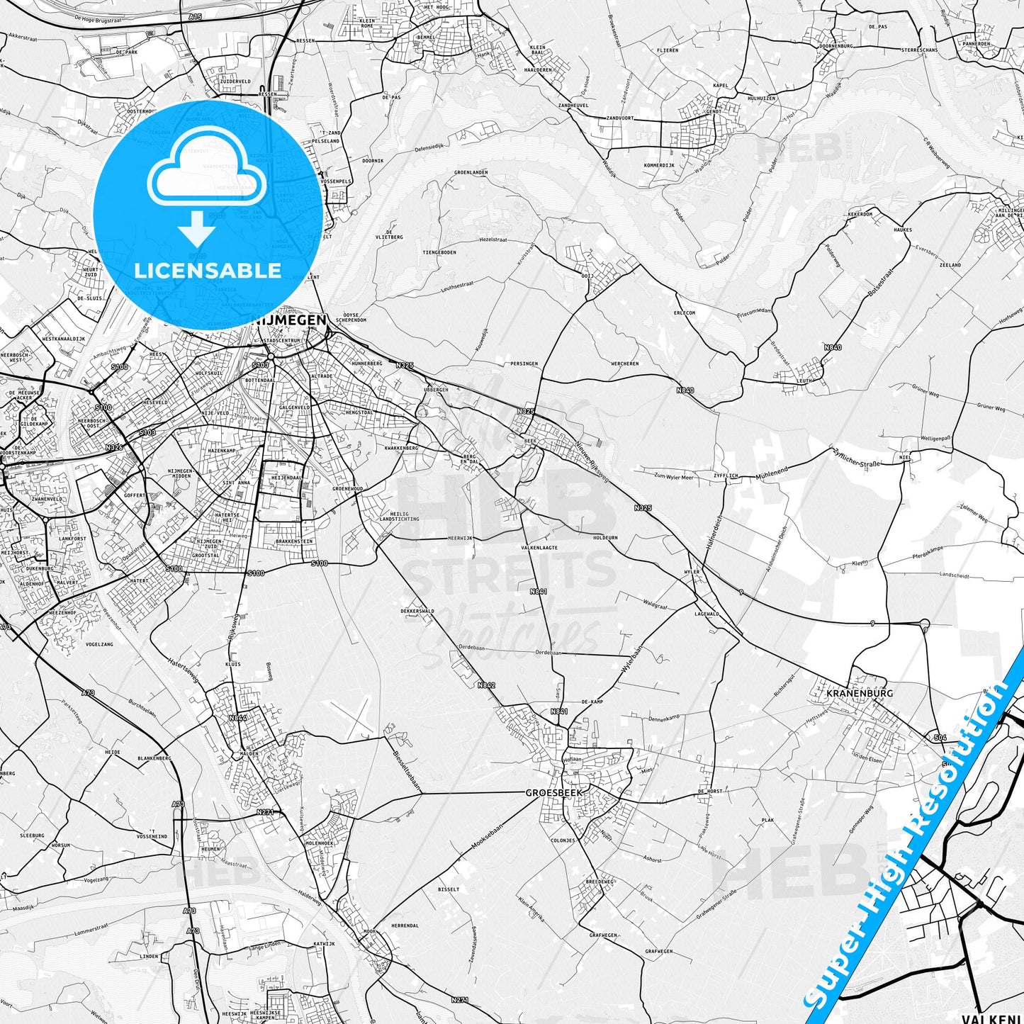 Berg en Dal, Netherlands light map with streetnames, citynames and districts