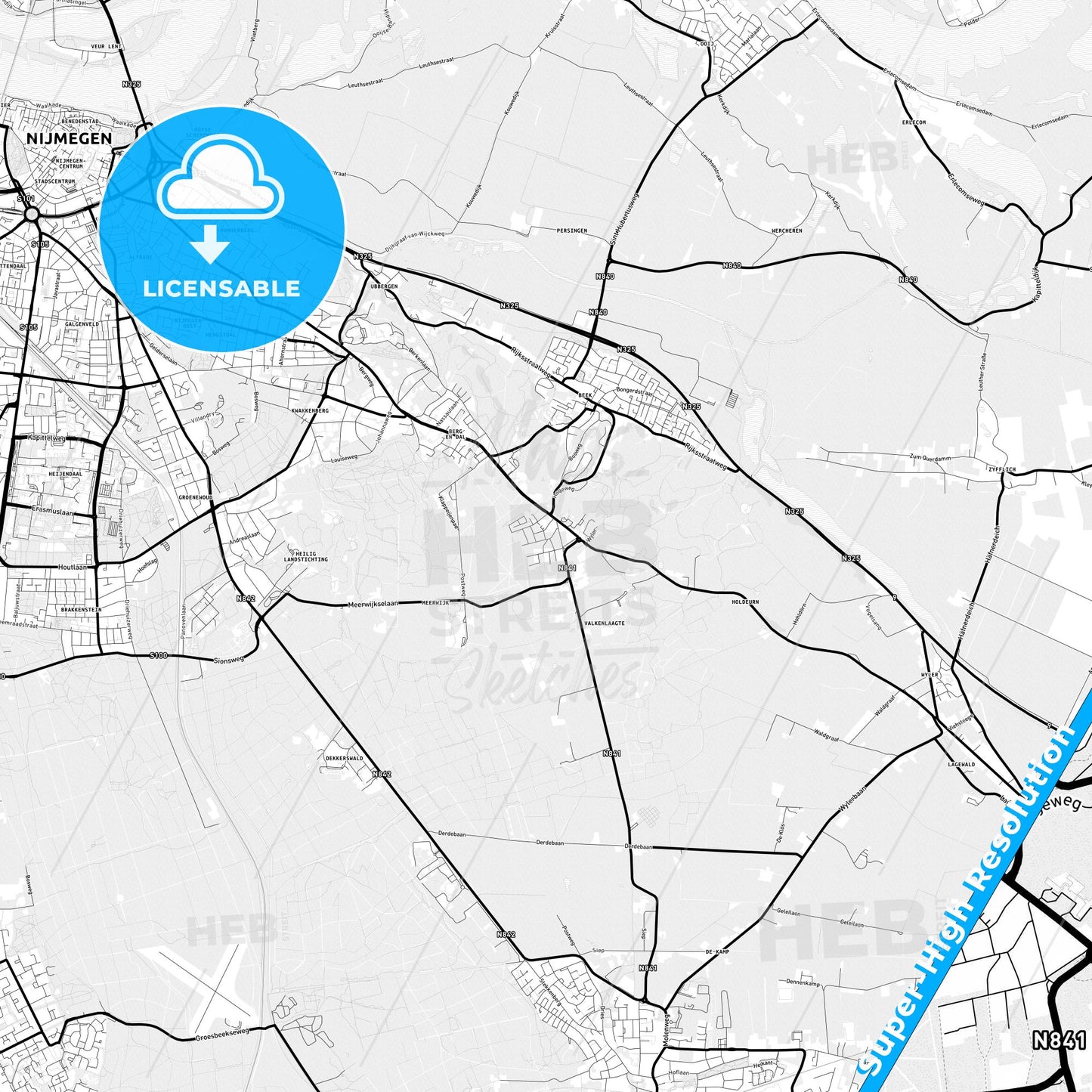 Berg en Dal, Netherlands Light Map with Street Names, City Names, and Districts