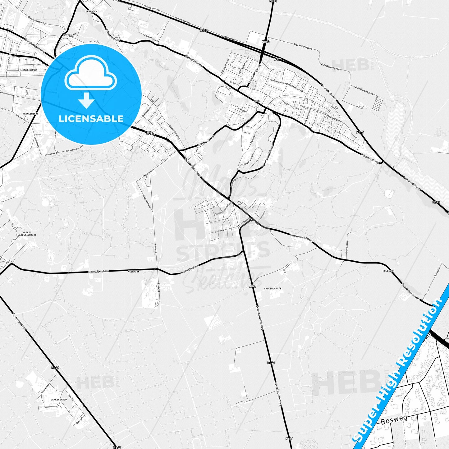 Berg en Dal, Netherlands Light Map with Street Names, City Names, and Districts