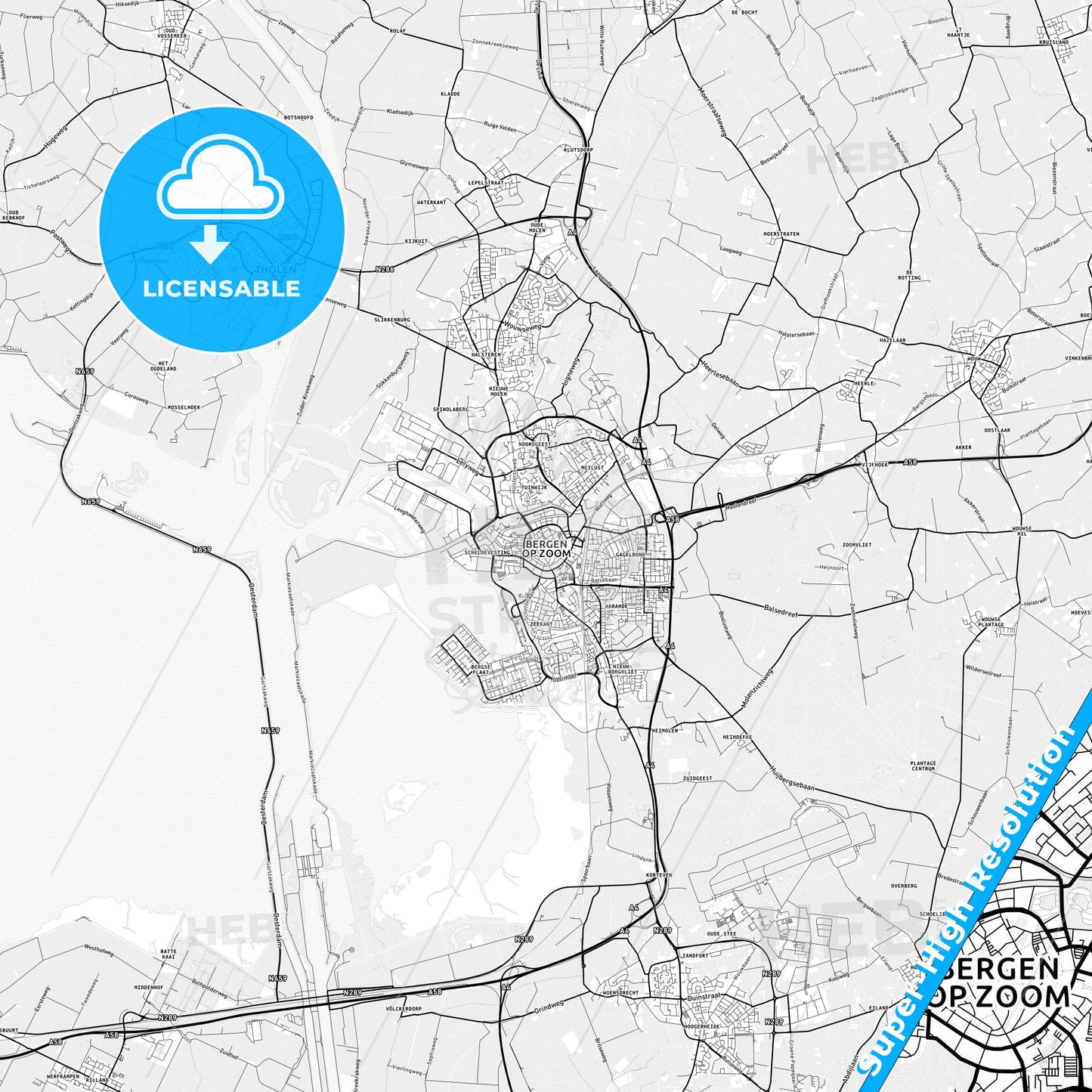 Bergen op Zoom, Netherlands light map with streetnames, citynames and districts