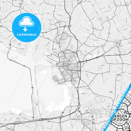 Bergen op Zoom, Netherlands light map with streetnames, citynames and districts