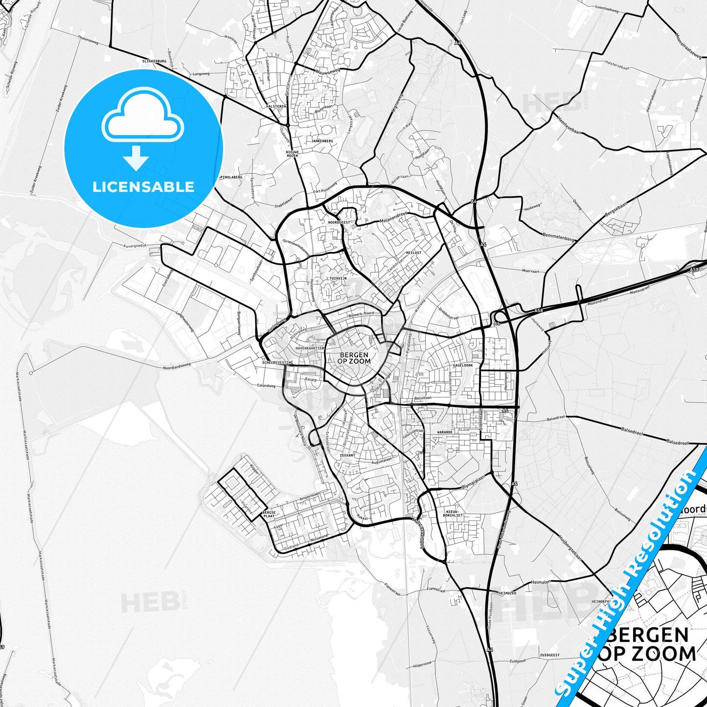 Bergen op Zoom, Netherlands Light Map with Street Names, City Names, and Districts