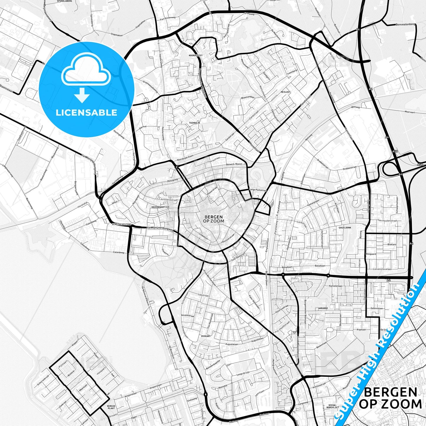 Bergen op Zoom, Netherlands Light Map with Street Names, City Names, and Districts