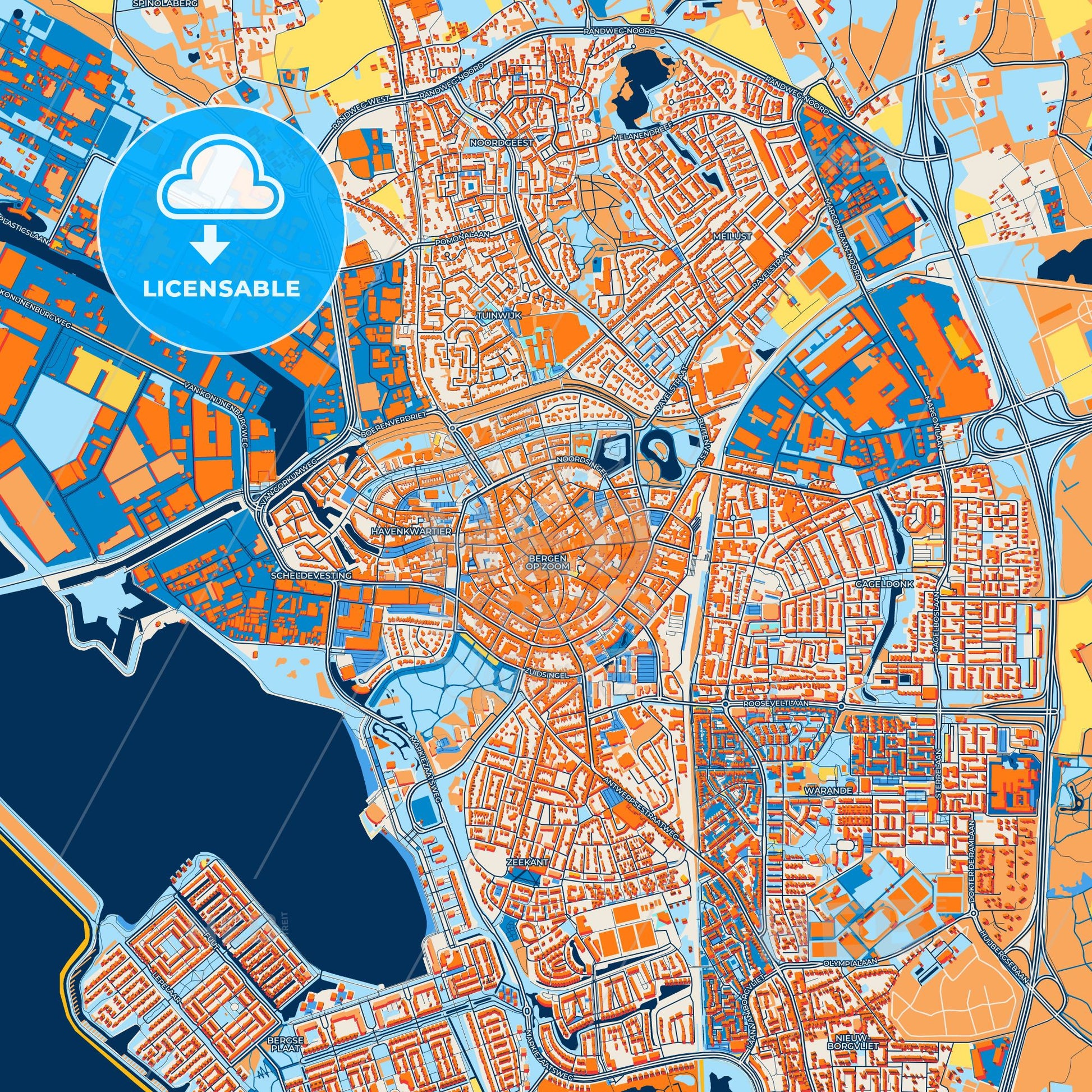 Colorful Bergen op Zoom Street Map with Labels and Buildings