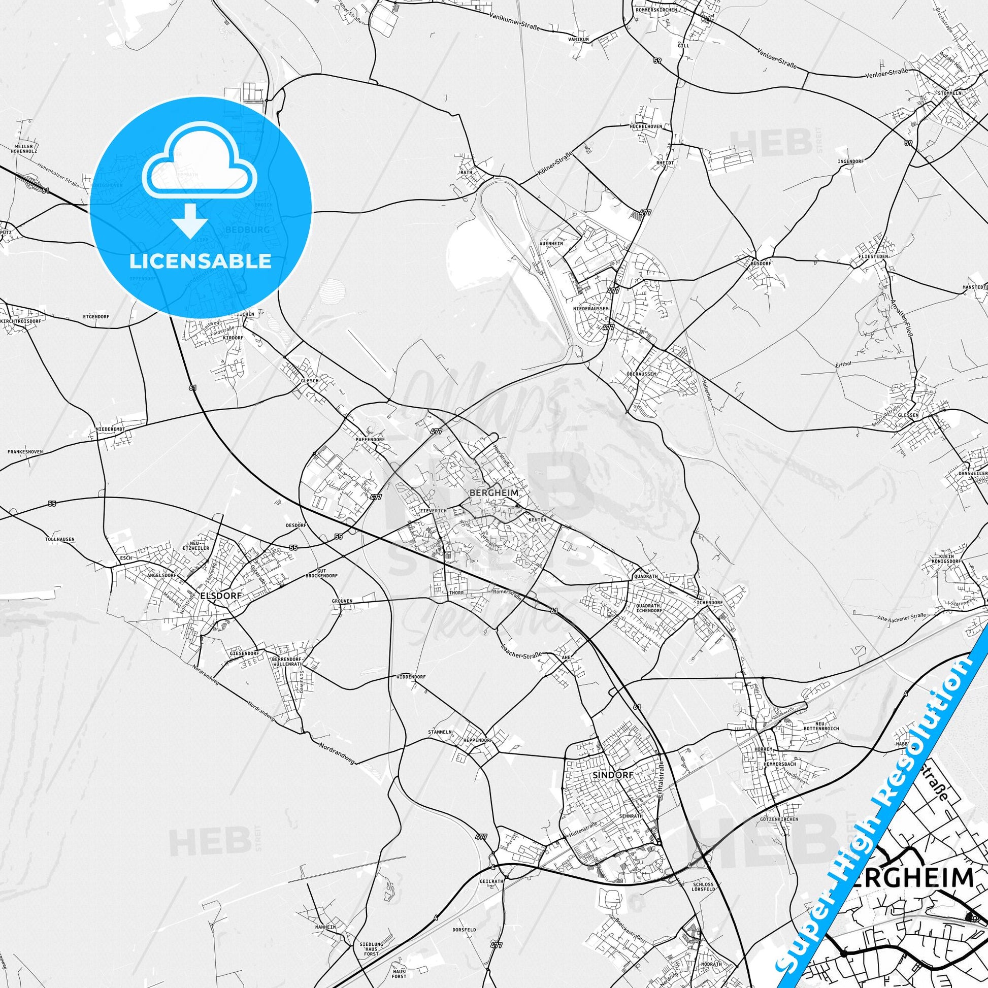 Bergheim, Germany light map with streetnames, citynames and districts