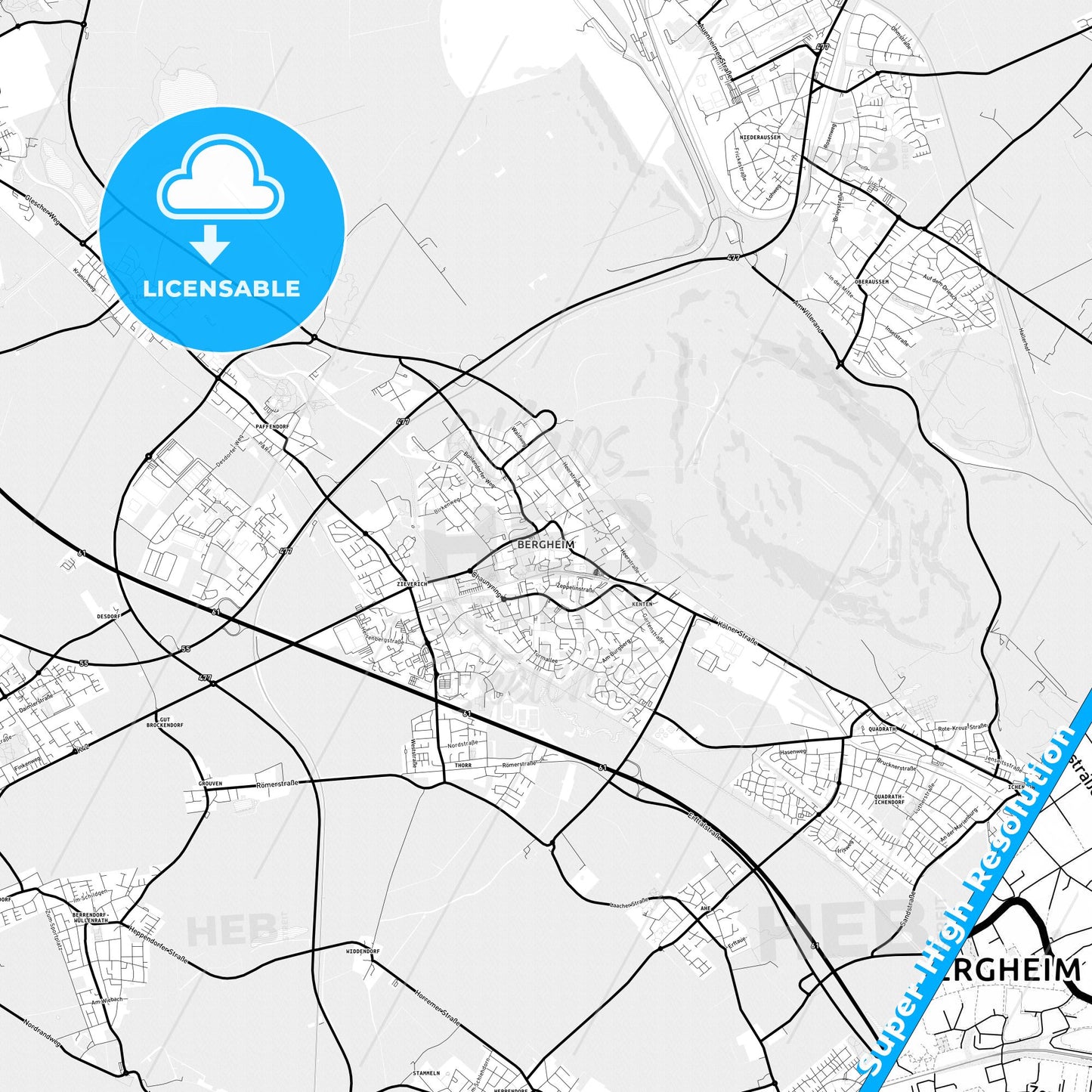 Bergheim, Germany Light Map with Street Names, City Names, and Districts