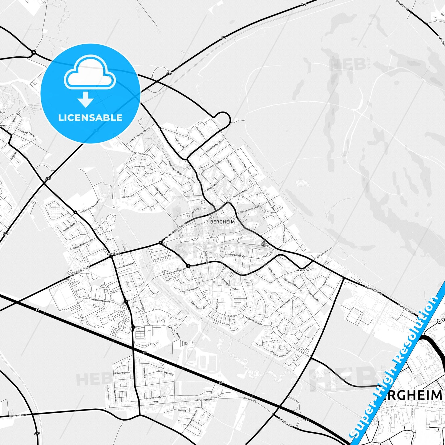 Bergheim, Germany Light Map with Street Names, City Names, and Districts