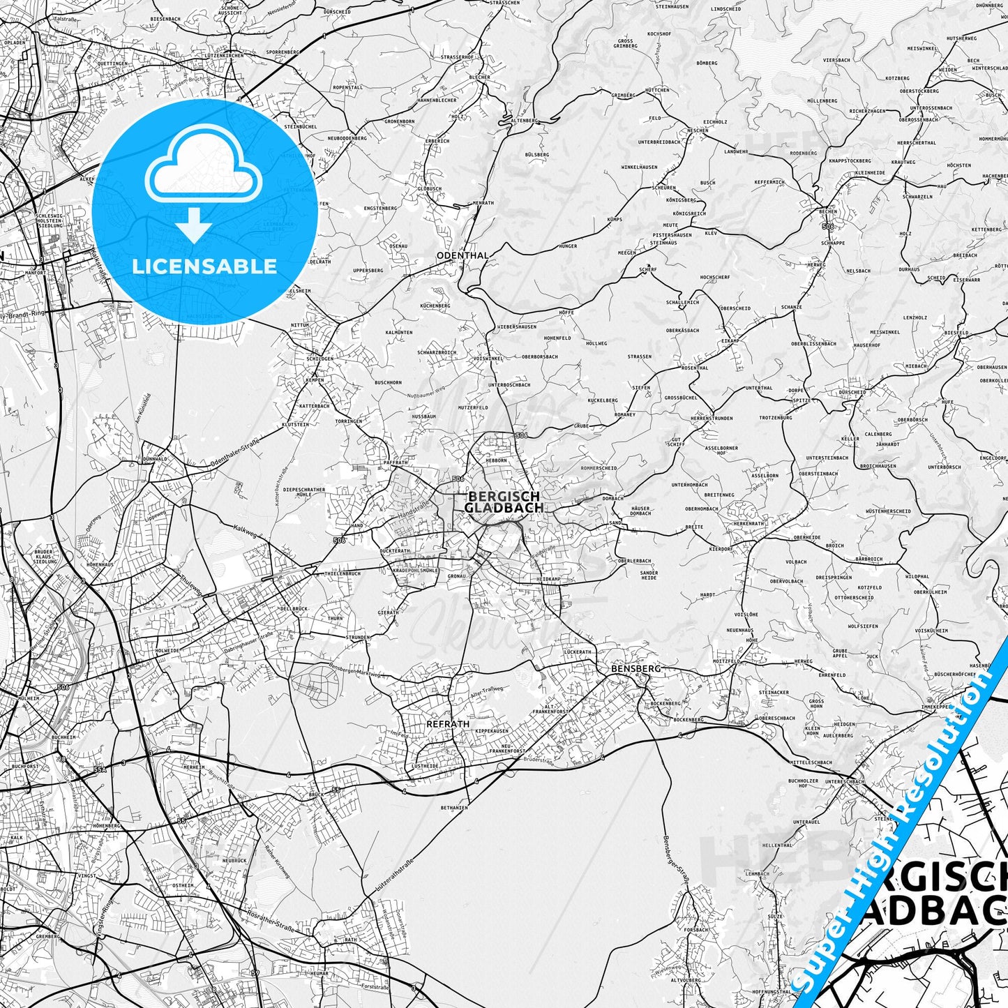 Bergisch Gladbach, Germany light map with streetnames, citynames and districts