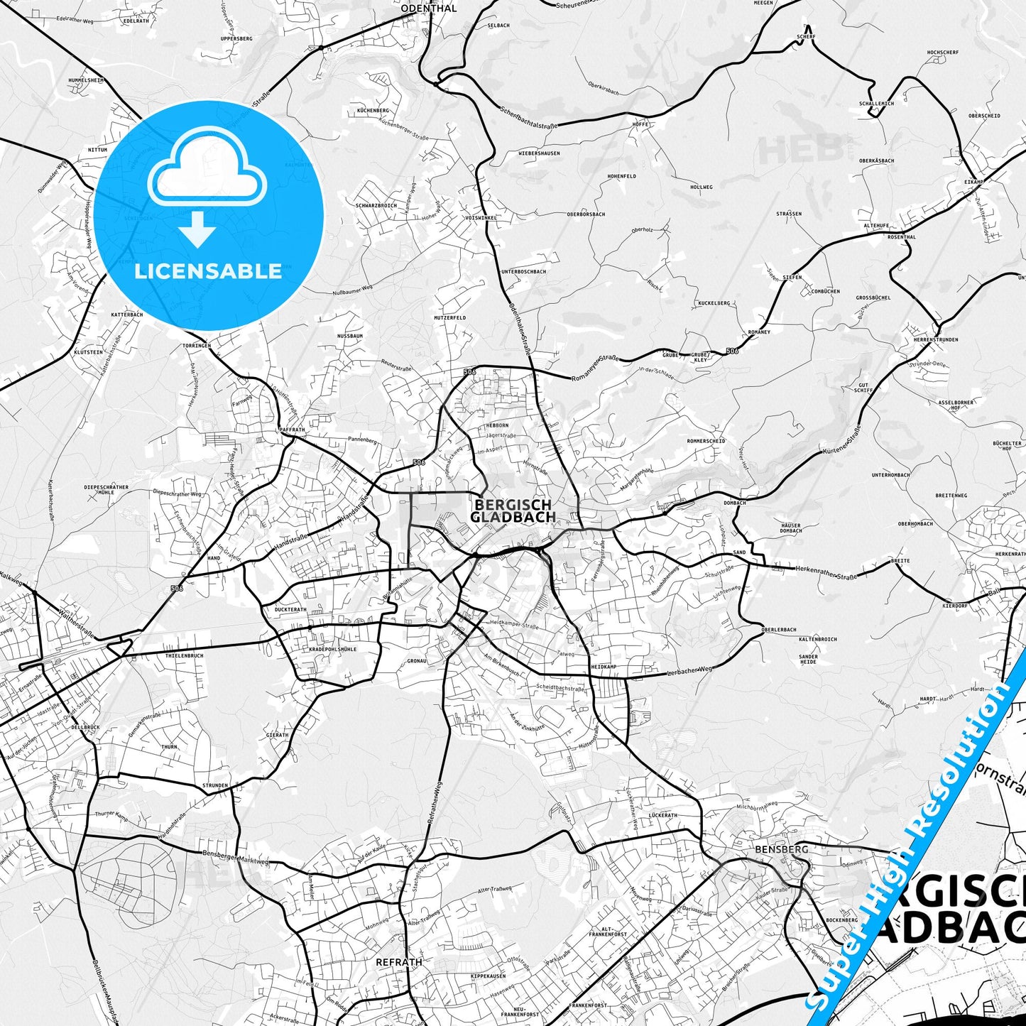 Bergisch Gladbach, Germany Light Map with Street Names, City Names, and Districts