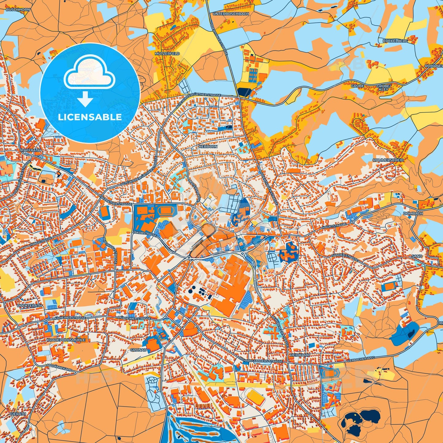 Colorful Bergisch Gladbach Street Map with Labels and Buildings
